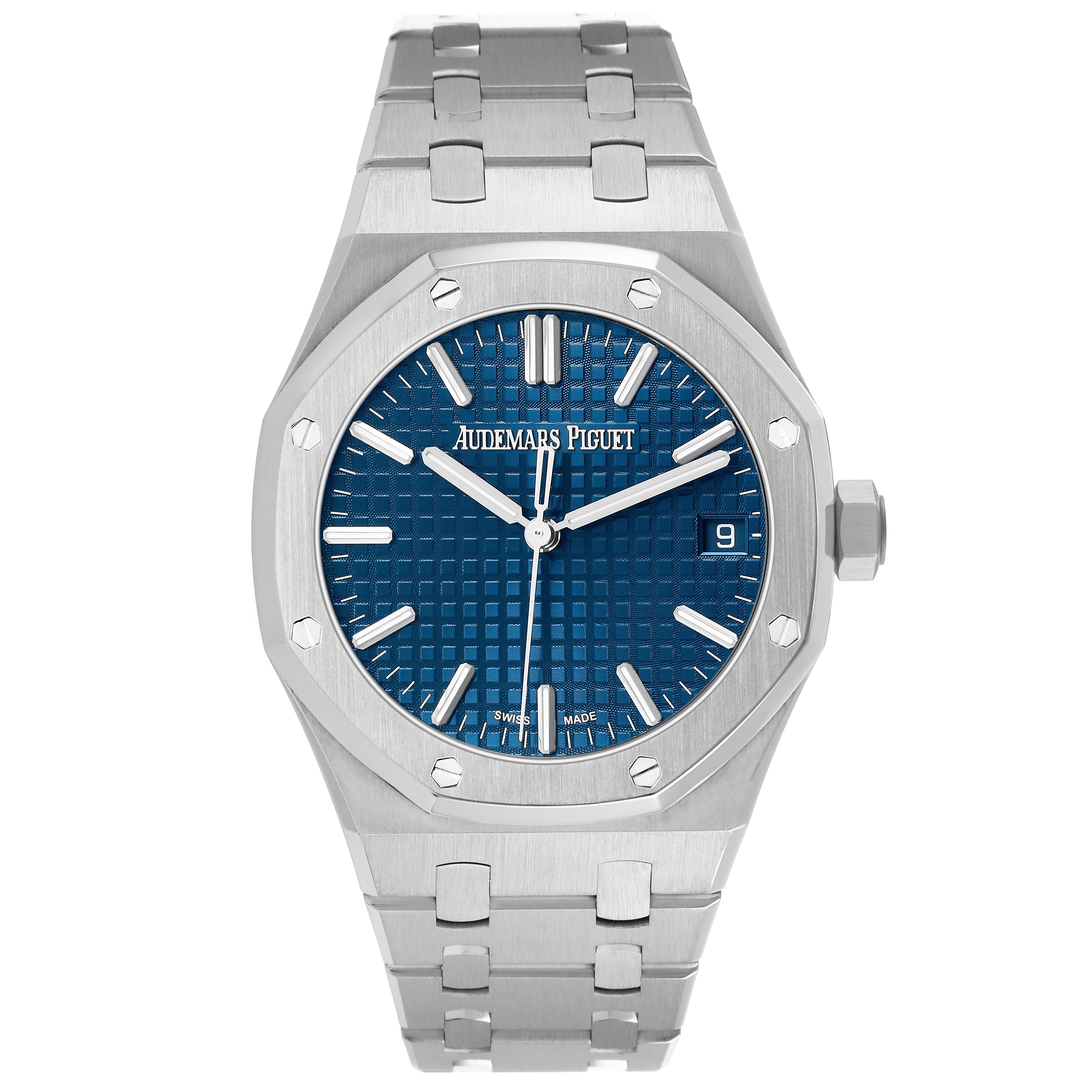 The Audemars Piguet Royal Oak 15550ST.00.1356ST.06 Men's Stainless Steel Blue Dial watch is shown from a straight-on angle, displaying its face, bezel, and part of the bracelet.