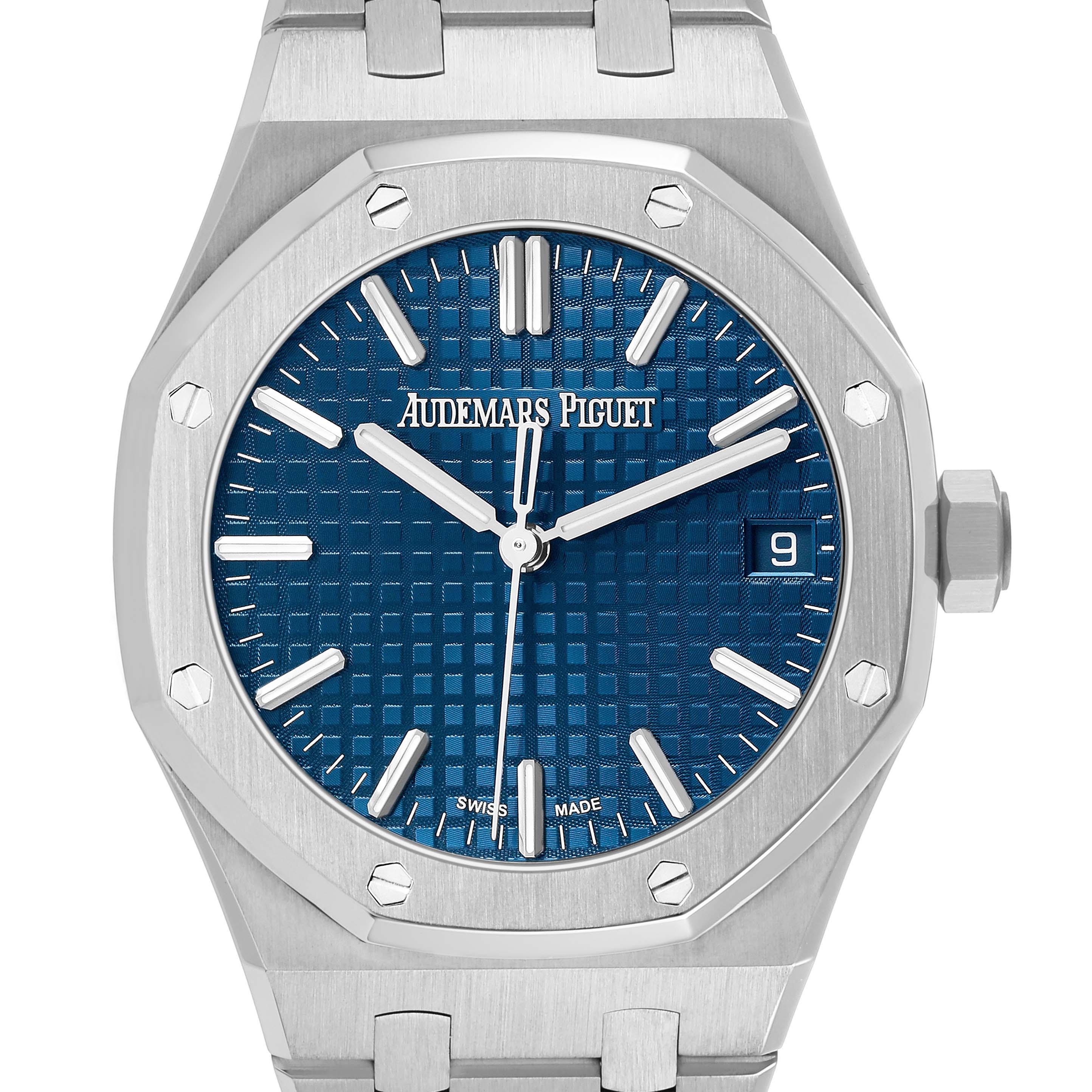 The image shows a front view of the Audemars Piguet Royal Oak 15550ST.00.1356ST.06 Men's Stainless Steel Blue Dial watch, highlighting its blue dial, hour markers, and date display.