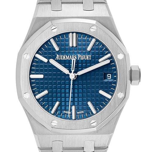 The image shows a front view of the Audemars Piguet Royal Oak 15550ST.00.1356ST.06 Men's Stainless Steel Blue Dial watch, focusing on the dial, case, and crown.