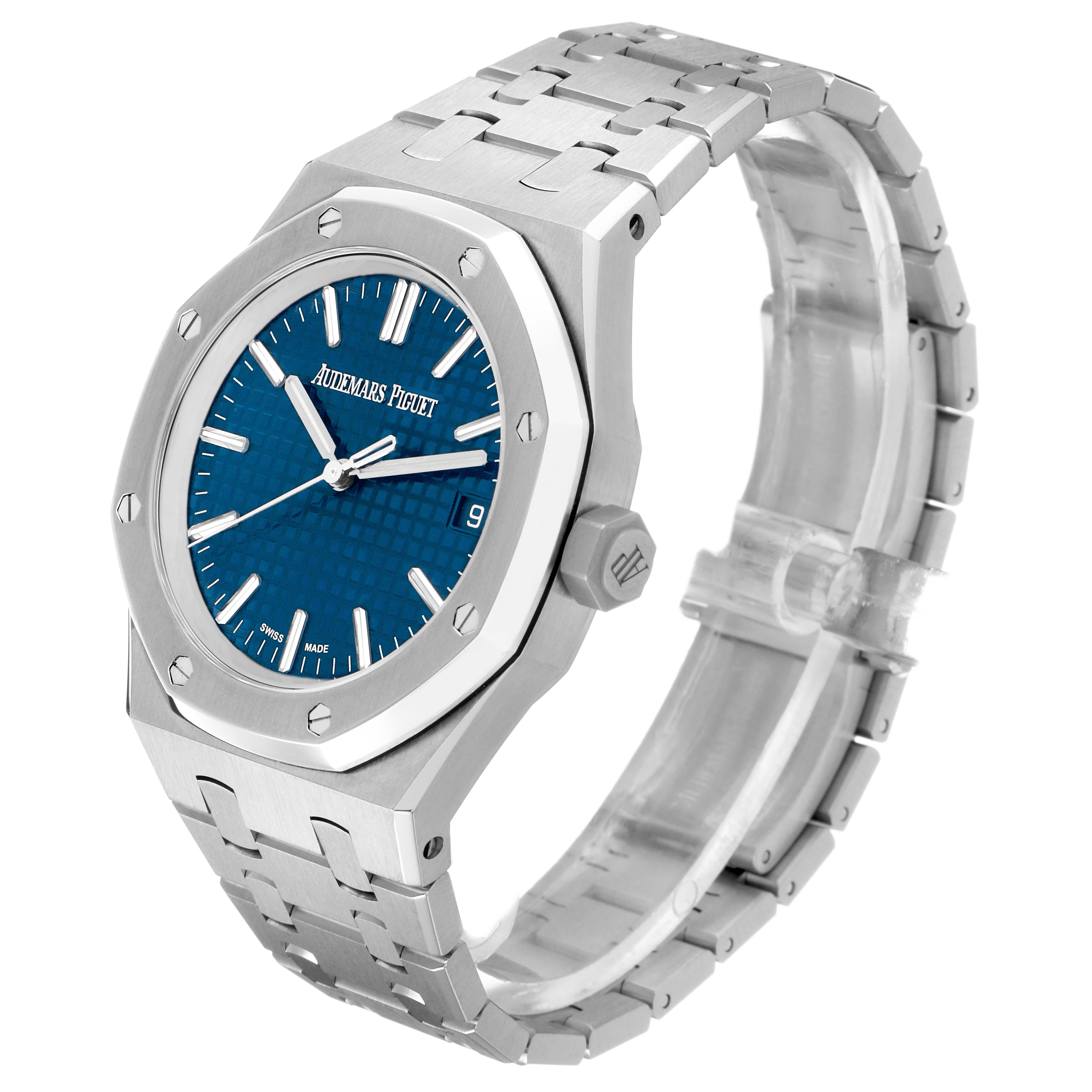 The Audemars Piguet Royal Oak 15550ST.00.1356ST.06 Men's Stainless Steel Blue Dial watch is shown at a three-quarter angle, highlighting its octagonal bezel, blue dial, and stainless steel bracelet.