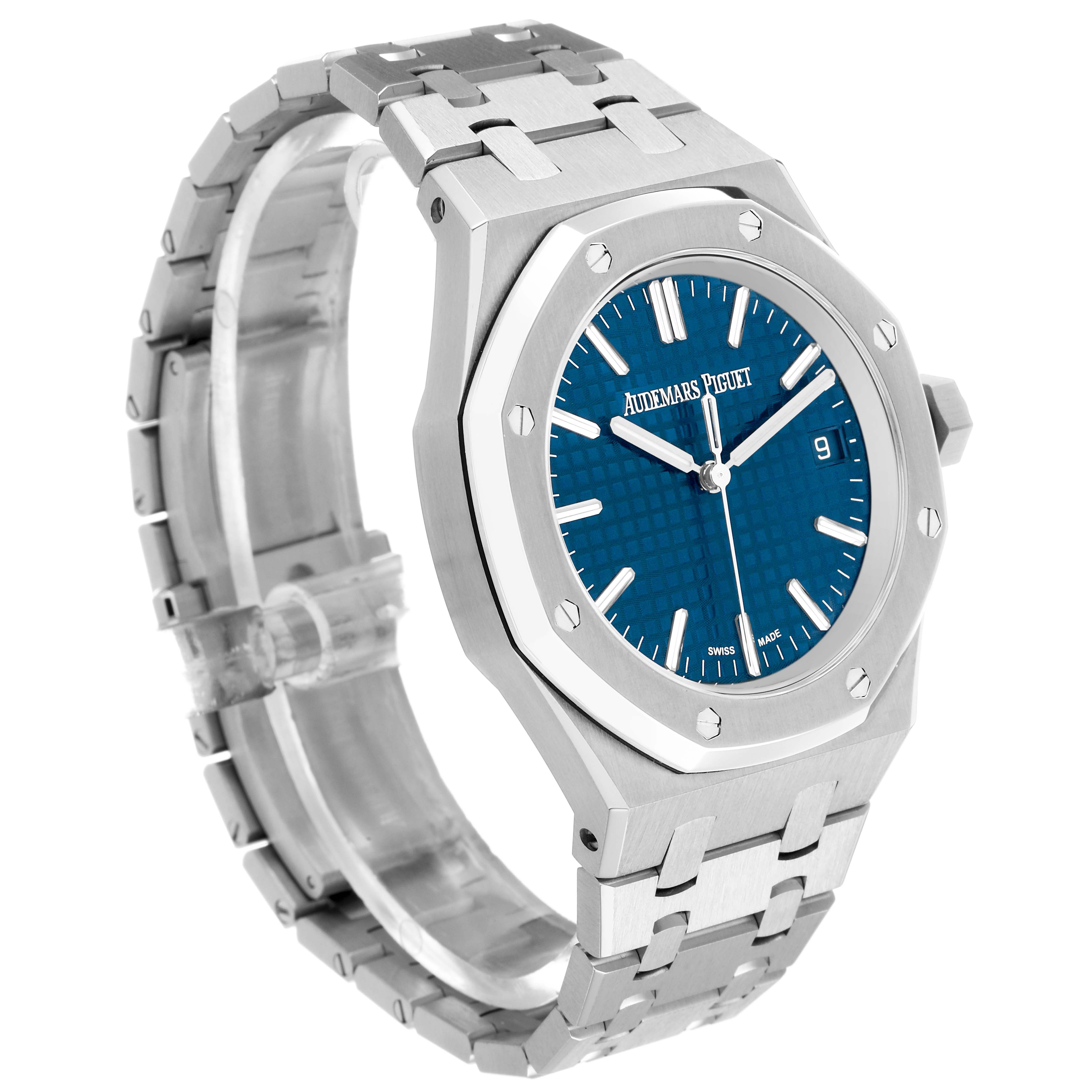 The Audemars Piguet Royal Oak 15550ST.00.1356ST.06 Men's Stainless Steel Blue Dial watch is shown at a three-quarter angle, displaying the blue dial and integrated bracelet.