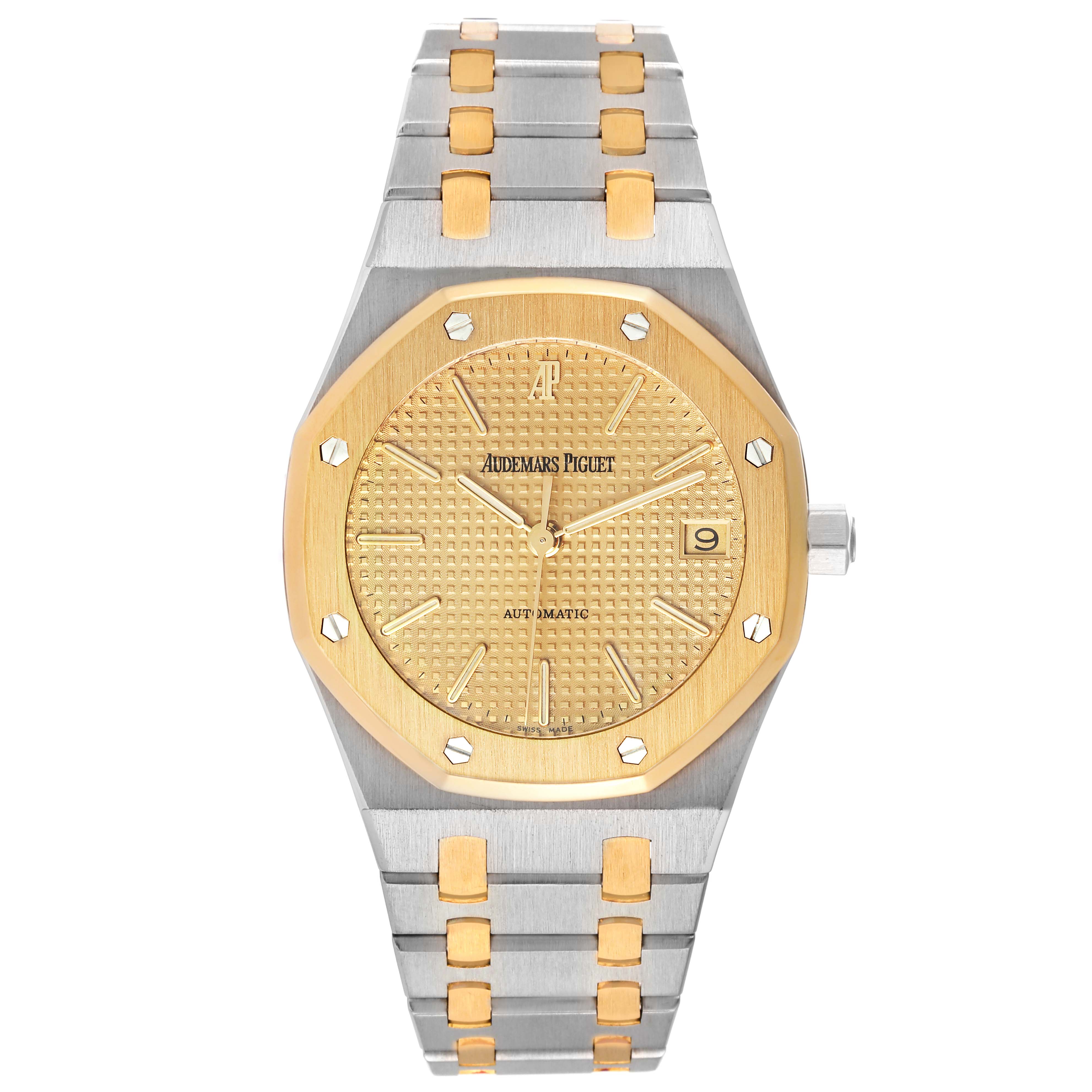 The image shows a front view of the Audemars Piguet Royal Oak 14790SA Men's Steel and Gold (two tone) Champagne Dial 14790SA Men's Steel and Gold (two tone) Champagne Dial watch, displaying its dial, bracelet, and bezel.