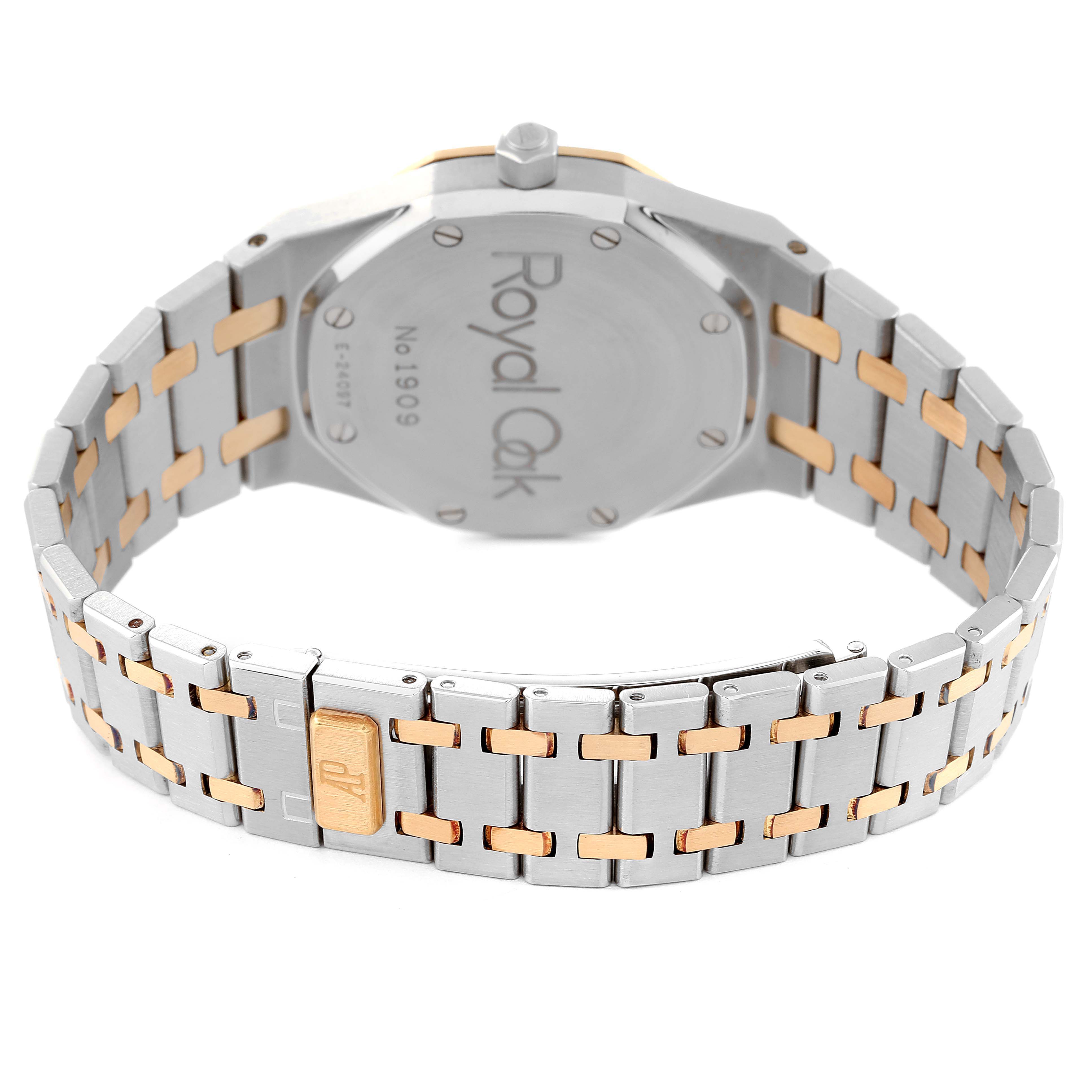 This image shows the back of an Audemars Piguet Royal Oak 14790SA Men's Steel and Gold (two tone) Champagne Dial 14790SA Men's Steel and Gold (two tone) Champagne Dial watch, highlighting its case back and bi-tone bracelet.