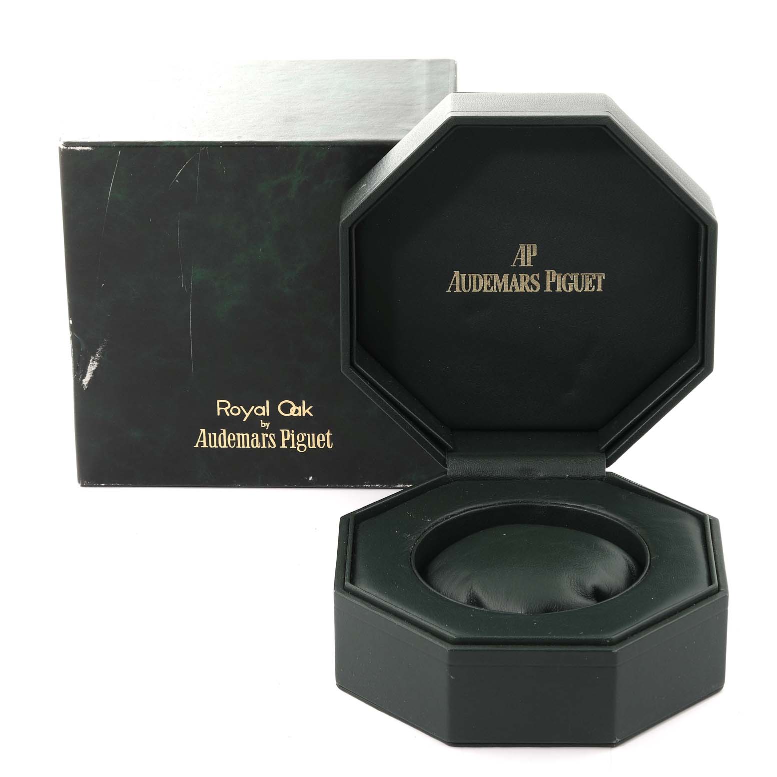 The image shows an Audemars Piguet Royal Oak 14790SA Men's Steel and Gold (two tone) Champagne Dial 14790SA Men's Steel and Gold (two tone) Champagne Dial watch box and outer box, both displayed from a front angle.