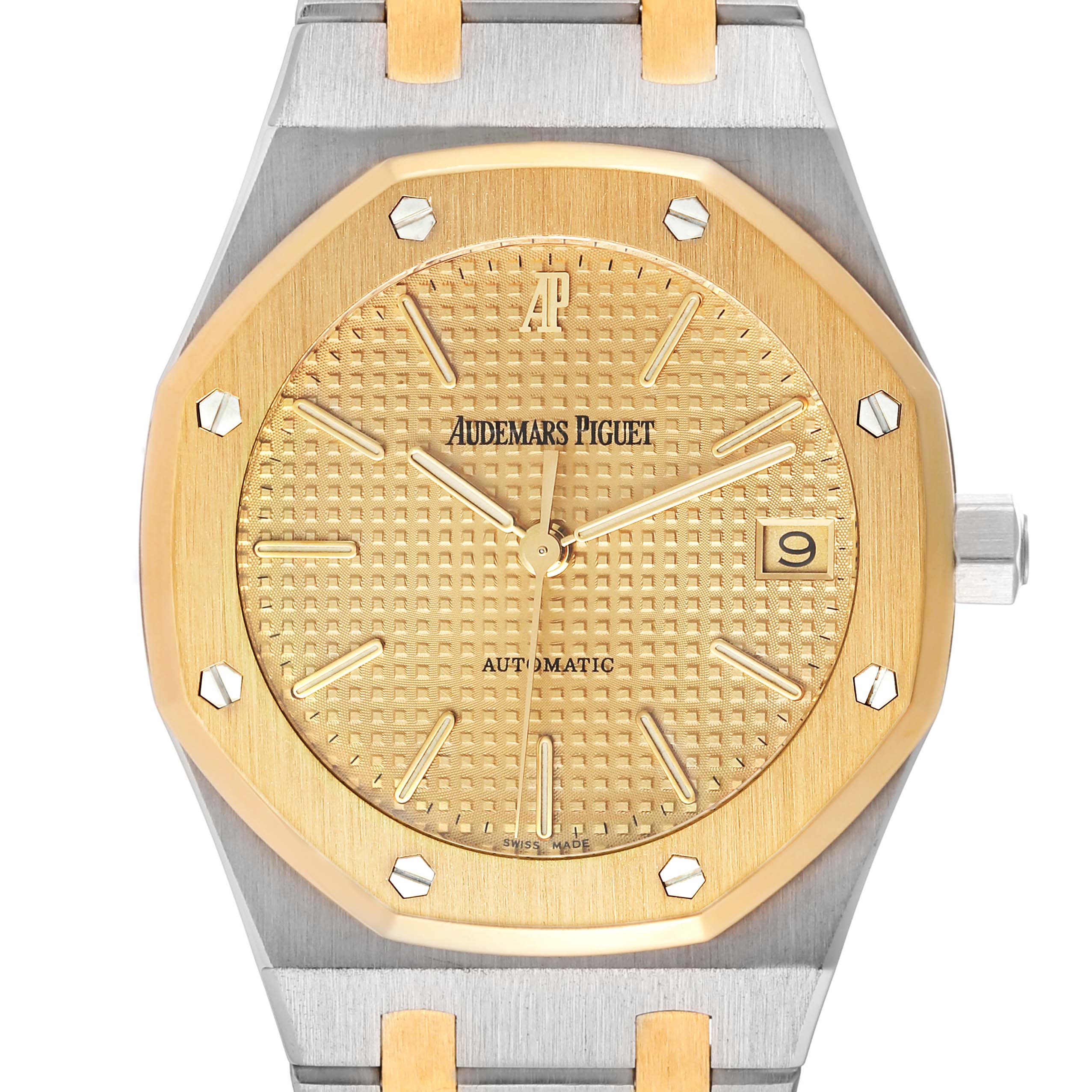 This image shows a front view of the Audemars Piguet Royal Oak 14790SA Men's Steel and Gold (two tone) Champagne Dial 14790SA Men's Steel and Gold (two tone) Champagne Dial watch, highlighting its gold dial, date window, and octagonal bezel.
