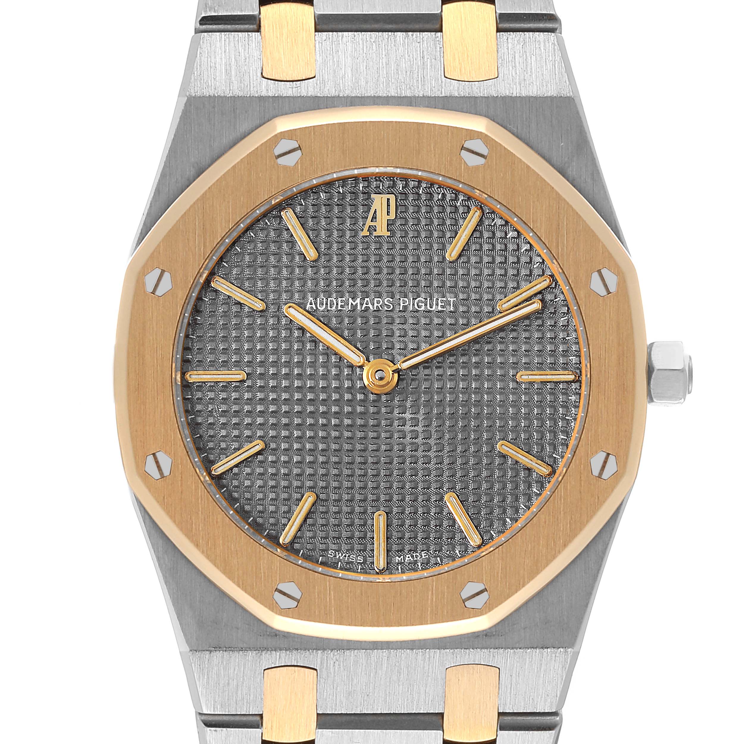 This image shows a frontal view of the Audemars Piguet Royal Oak 56303SA Men's Steel and Gold (two tone) Grey Dial 56303SA Men's Steel and Gold (two tone) Grey Dial watch, highlighting its dial, octagonal bezel, and part of the bracelet.