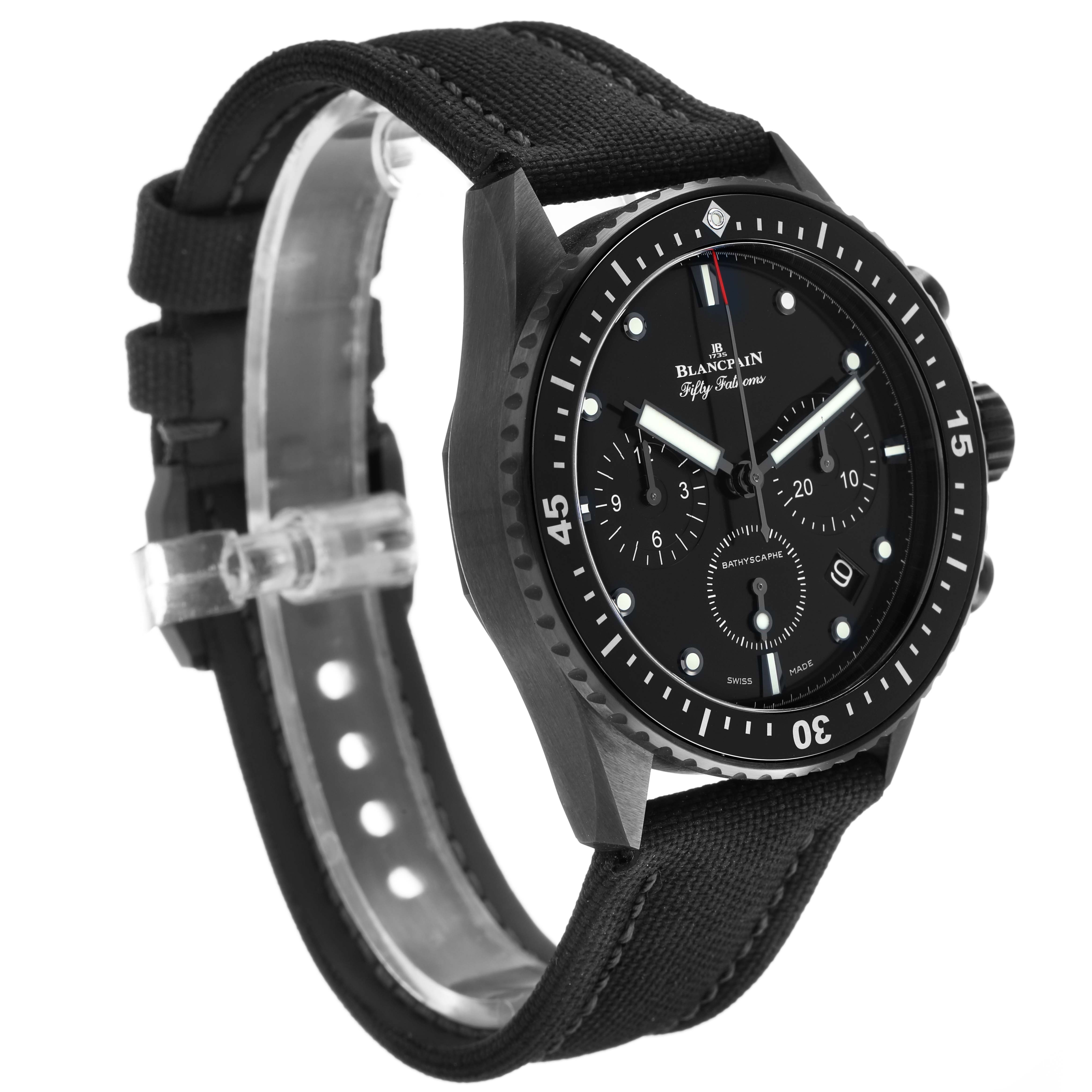 The Blancpain Fifty Fathoms 5200-0130-B52A Men's Ceramic Black Dial watch is shown at a three-quarter angle, displaying the face, bezel, and strap.