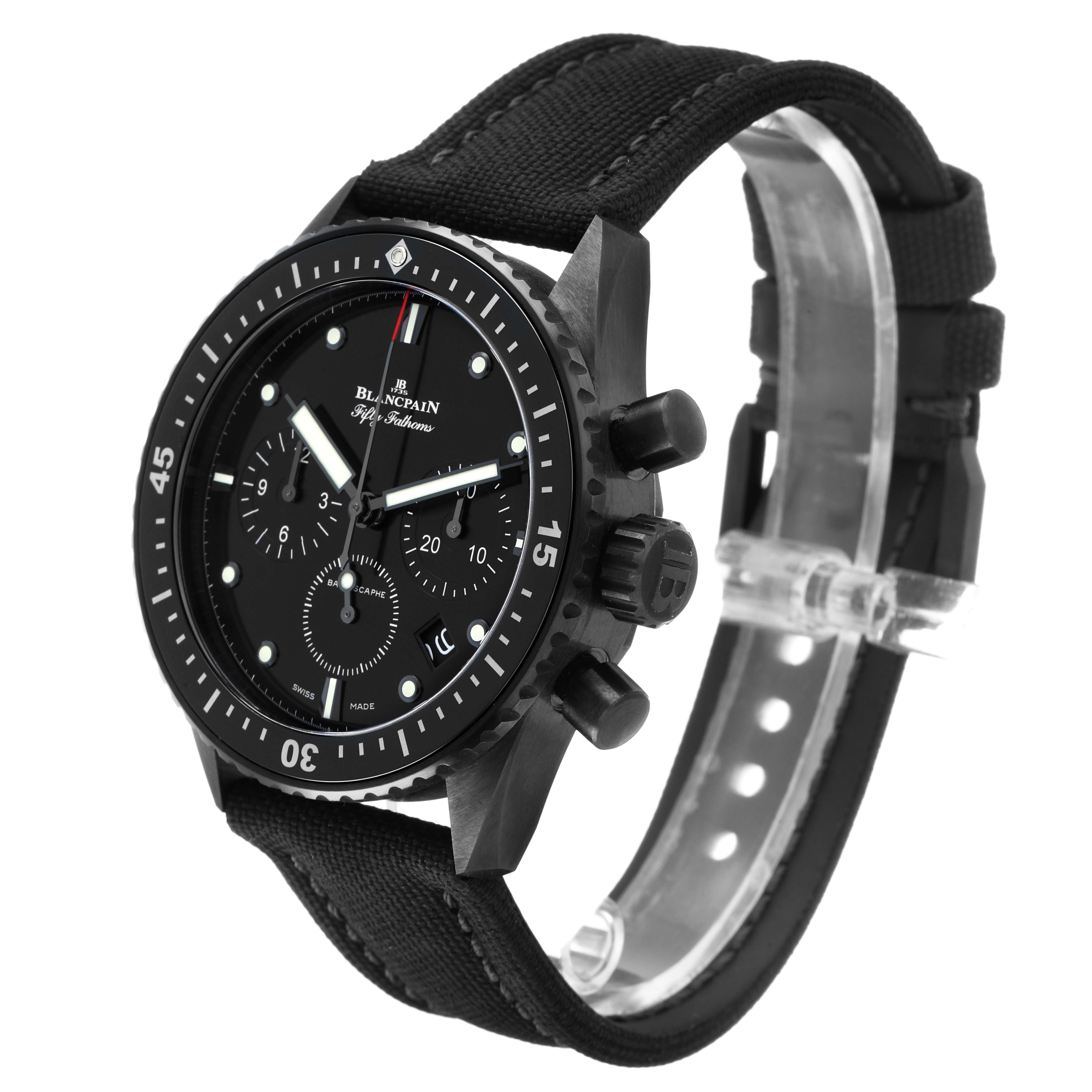 The image shows a Blancpain Fifty Fathoms 5200-0130-B52A Men's Ceramic Black Dial watch at a three-quarter angle, highlighting the black dial, bezel, and strap.