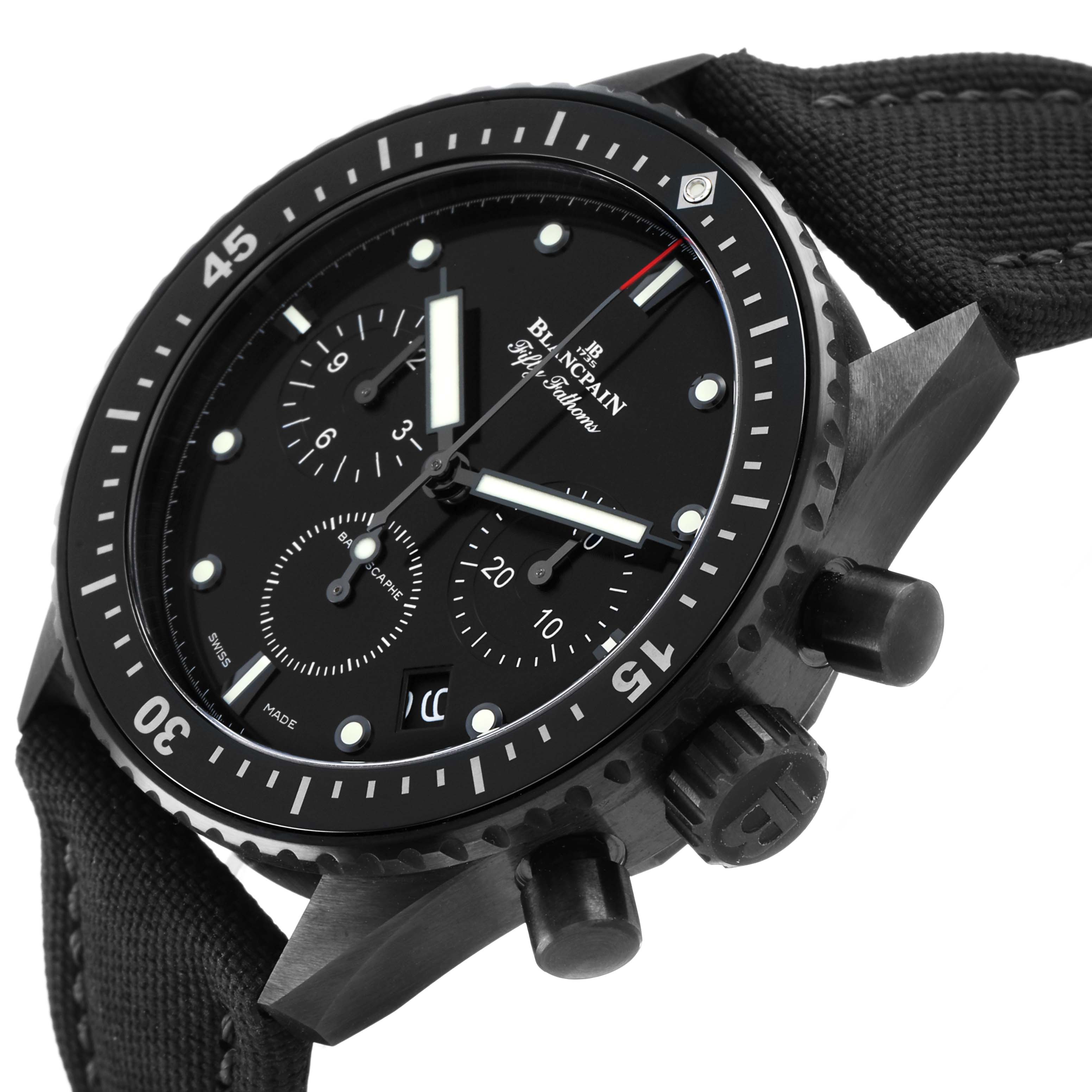 The Blancpain Fifty Fathoms 5200-0130-B52A Men's Ceramic Black Dial watch is angled to show the face, bezel, crown, pushers, and part of the strap.
