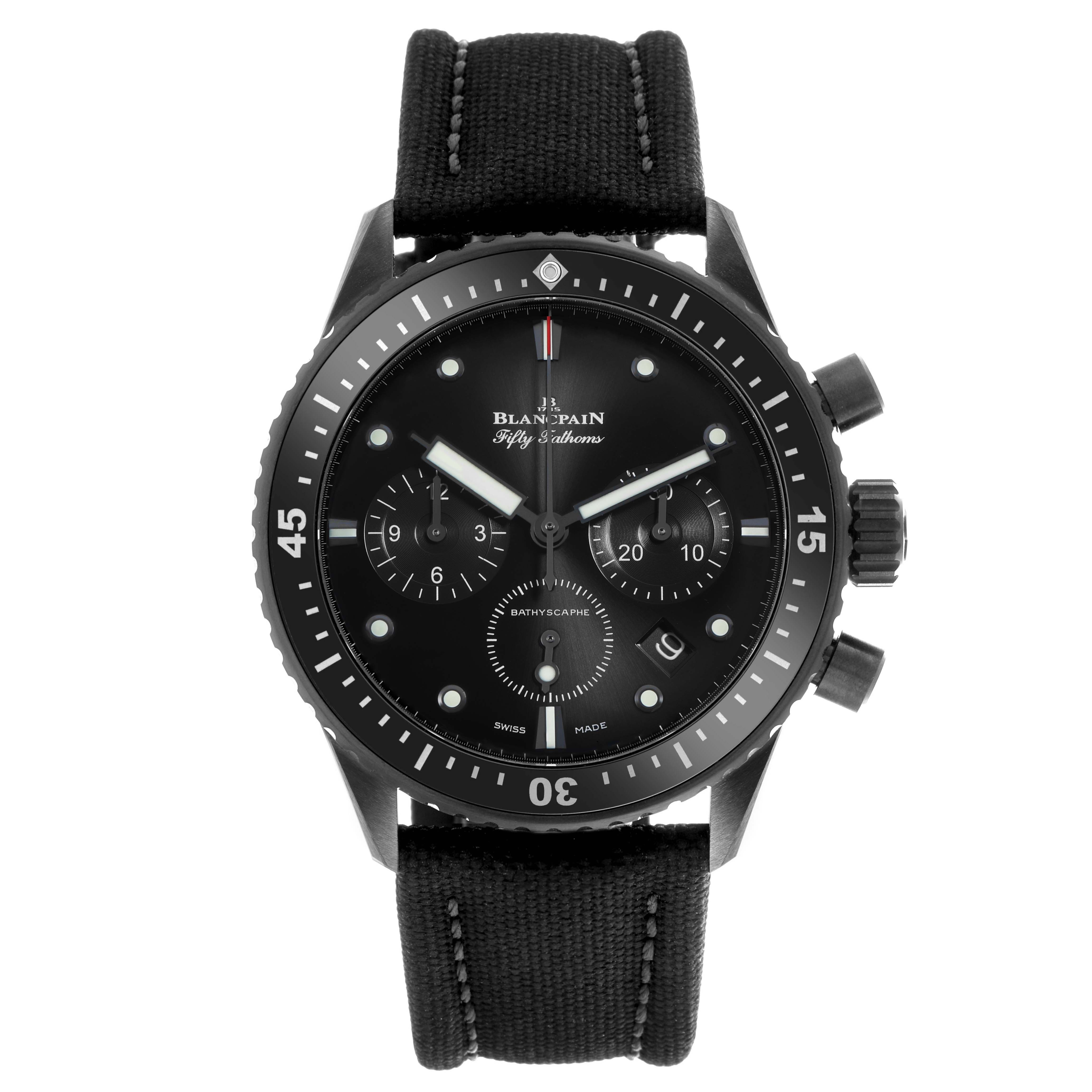 The Blancpain Fifty Fathoms 5200-0130-B52A Men's Ceramic Black Dial watch is shown from a front view, displaying the dial, bezel, crown, and strap details.