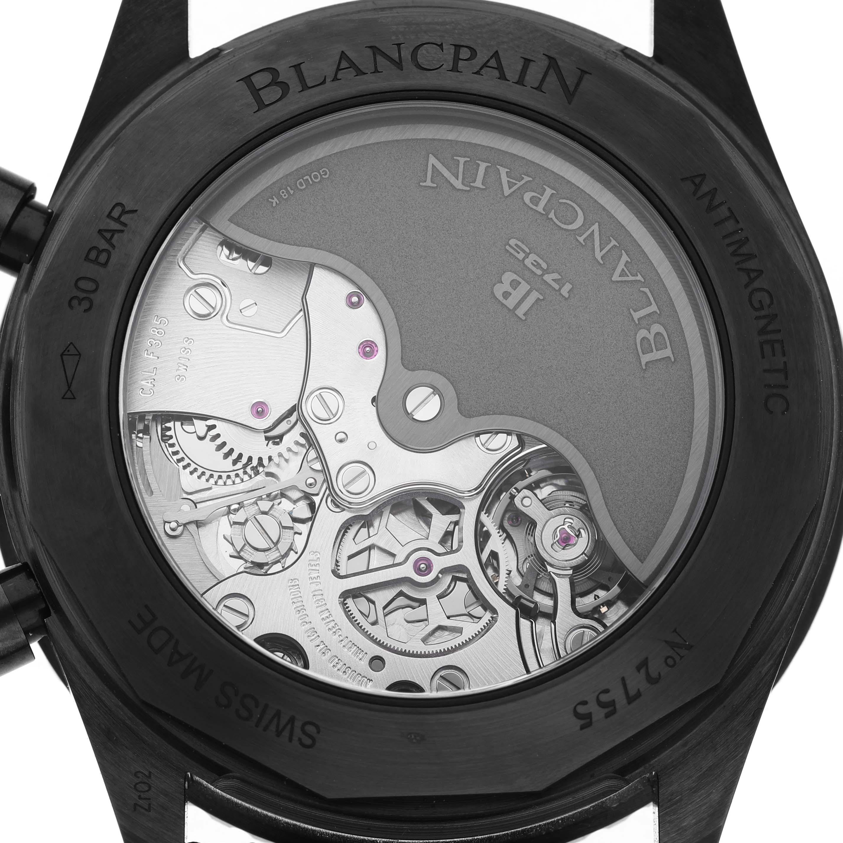 The image shows the back of the Blancpain Fifty Fathoms 5200-0130-B52A Men's Ceramic Black Dial watch, highlighting its intricate movement and automatic rotor.