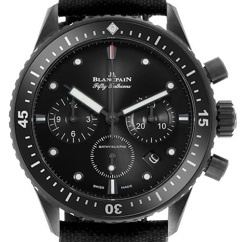 The Blancpain Fifty Fathoms 5200-0130-B52A Men's Ceramic Black Dial watch is shown from a frontal angle, highlighting the dial, bezel, and pushers.