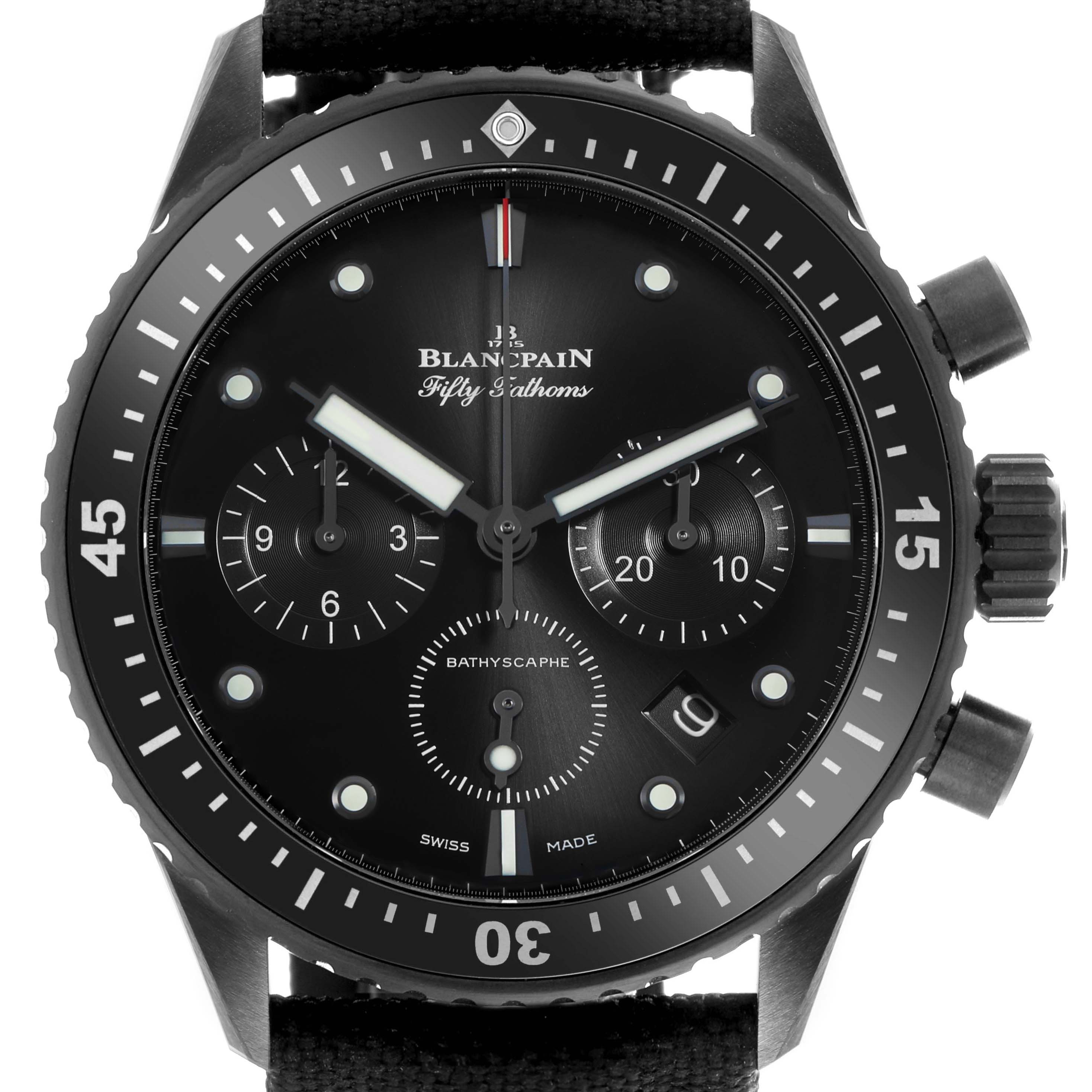 The Blancpain Fifty Fathoms 5200-0130-B52A Men's Ceramic Black Dial watch is shown from a front angle, highlighting the bezel, dial, and three subdials.