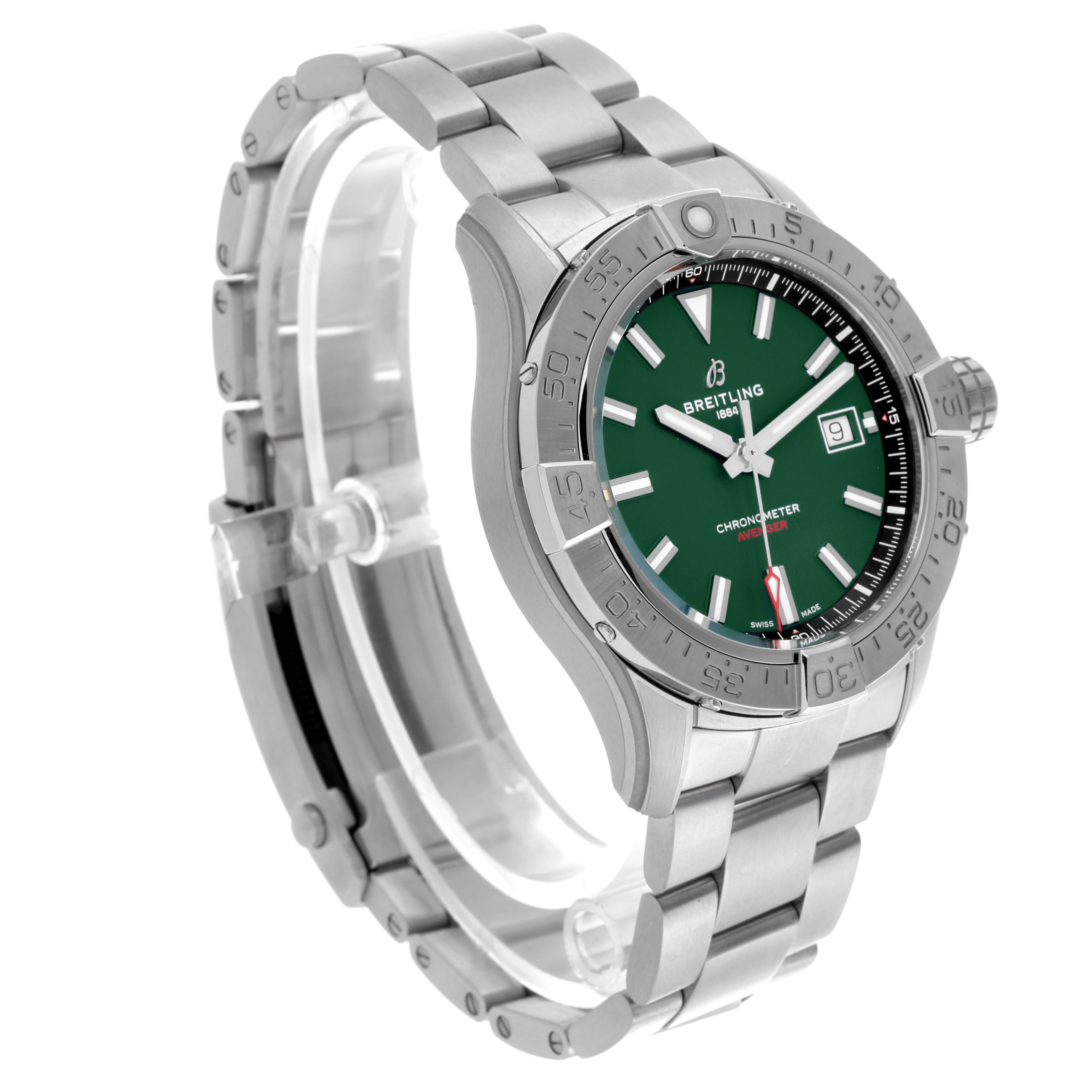 The Breitling Avenger A17328 Men's Stainless Steel Green Dial A17328 Men's Stainless Steel Green Dial watch is shown at a three-quarter angle, highlighting its bracelet, bezel, and green dial.
