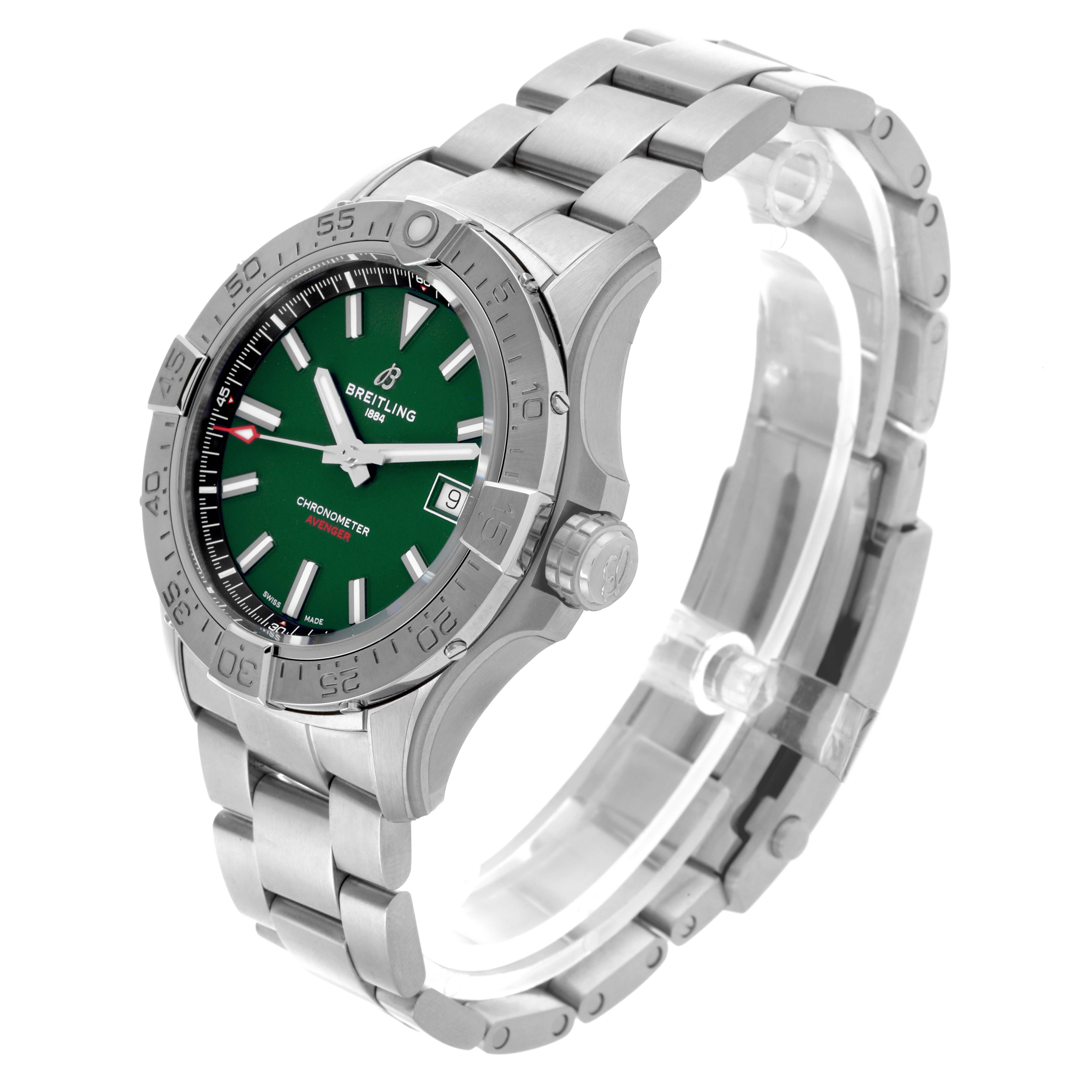The Breitling Avenger A17328 Men's Stainless Steel Green Dial A17328 Men's Stainless Steel Green Dial watch is shown at a three-quarter angle, displaying the green dial, bezel, crown, and metal bracelet.