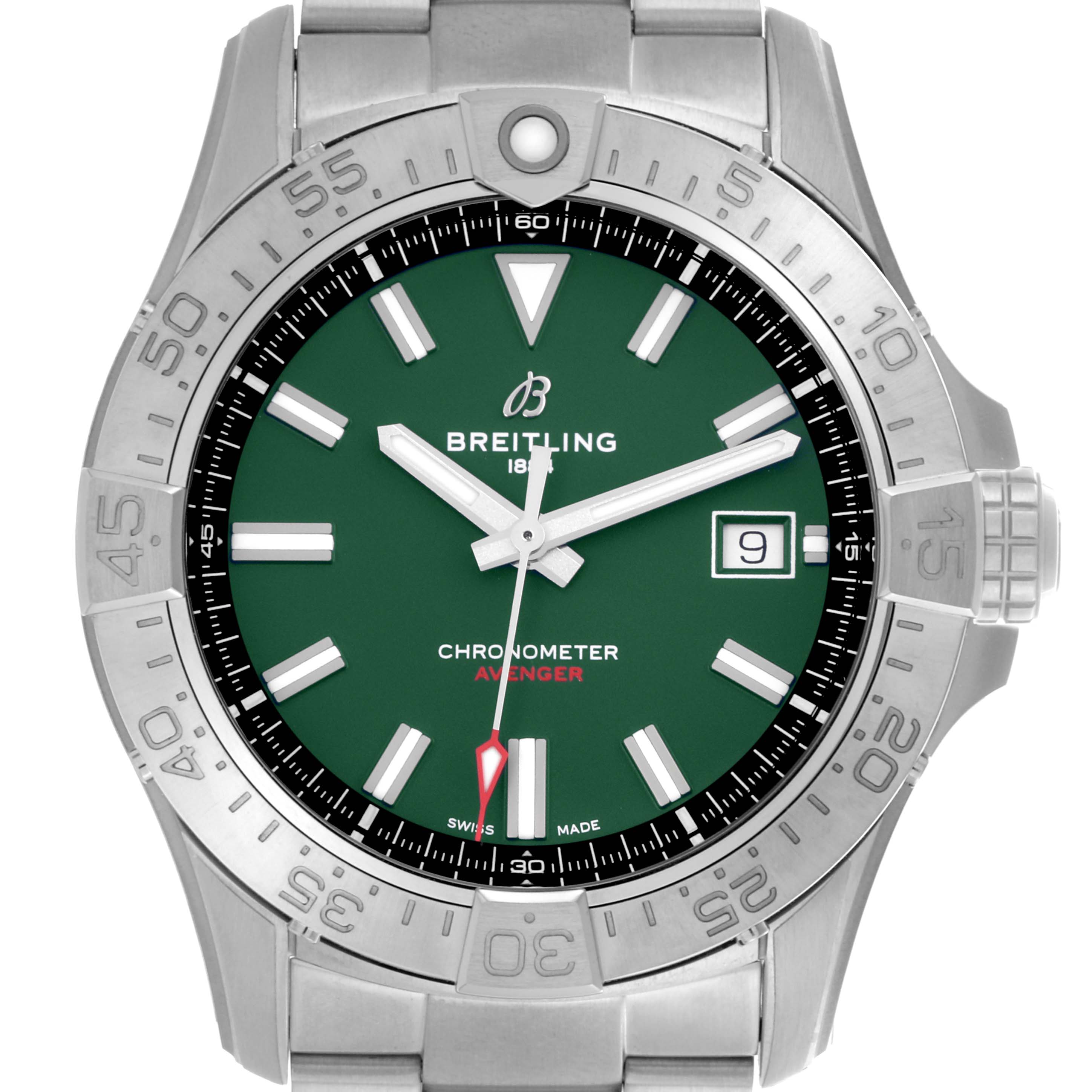 The Breitling Avenger A17328 Men's Stainless Steel Green Dial A17328 Men's Stainless Steel Green Dial watch is shown from the front, displaying its green dial, bezel, and date window.