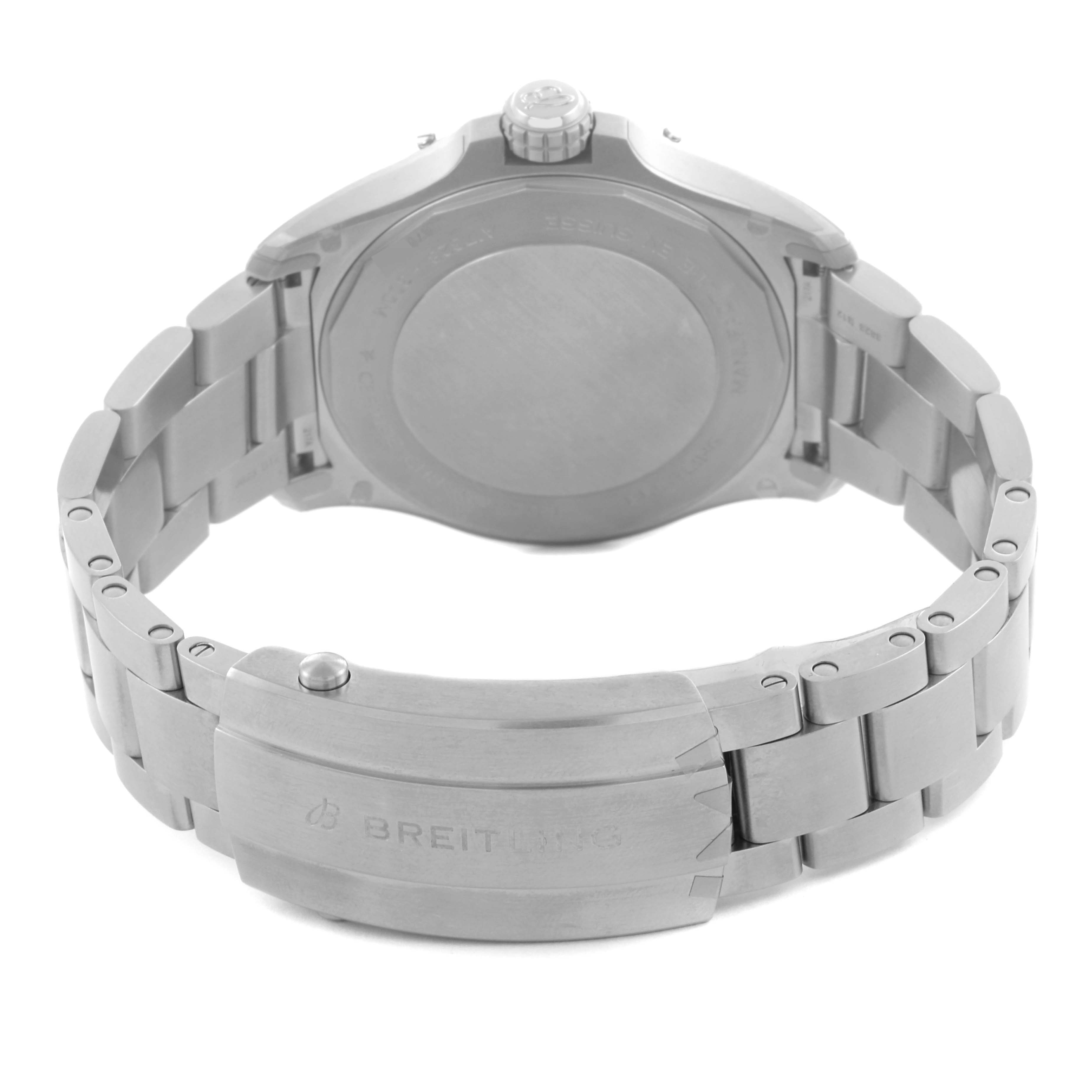 The image shows the back of the Breitling Avenger A17328 Men's Stainless Steel Green Dial A17328 Men's Stainless Steel Green Dial watch, highlighting the clasp and bracelet in a folded position.