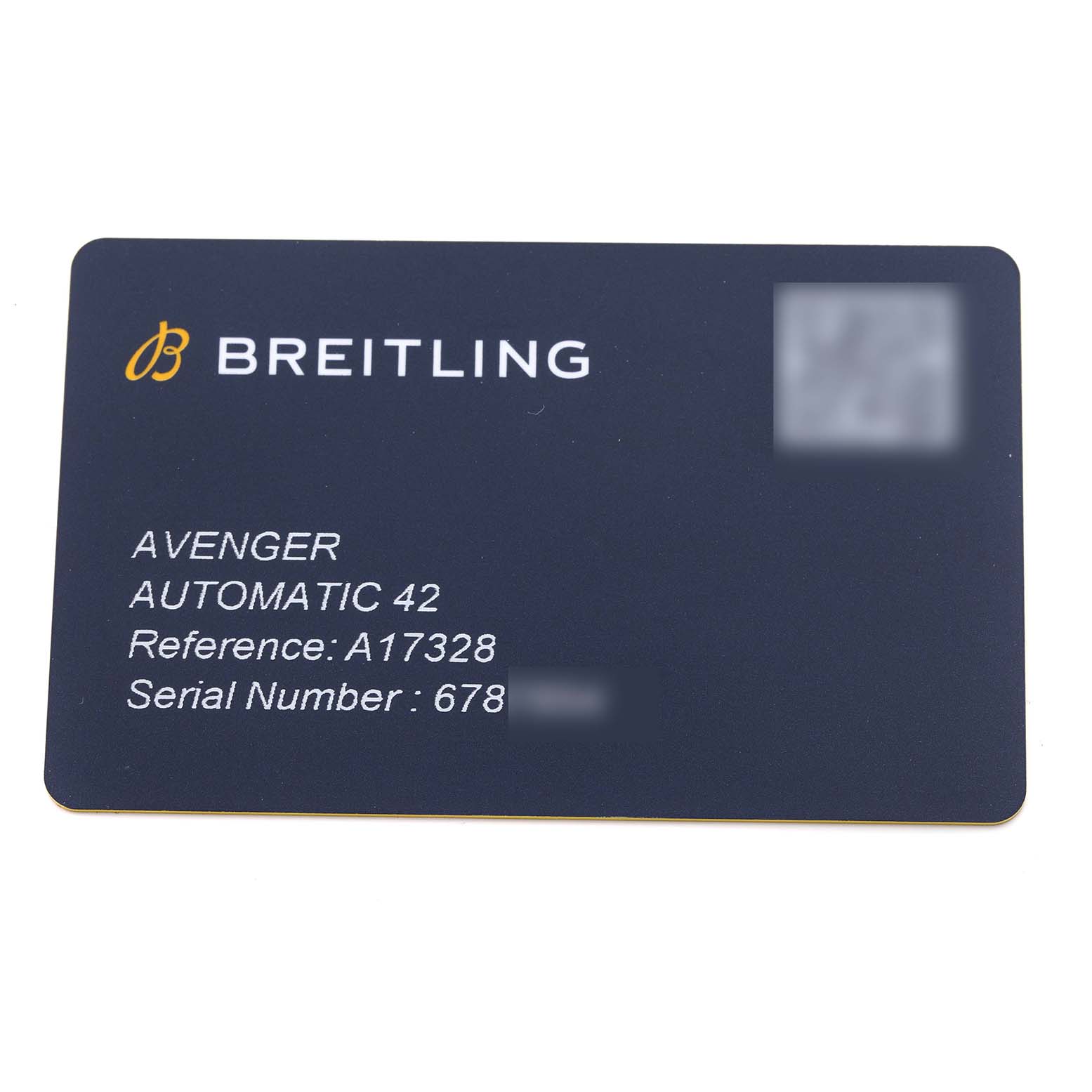 The image shows a Breitling Avenger A17328 Men's Stainless Steel Green Dial A17328 Men's Stainless Steel Green Dial watch warranty card featuring model details and reference numbers.