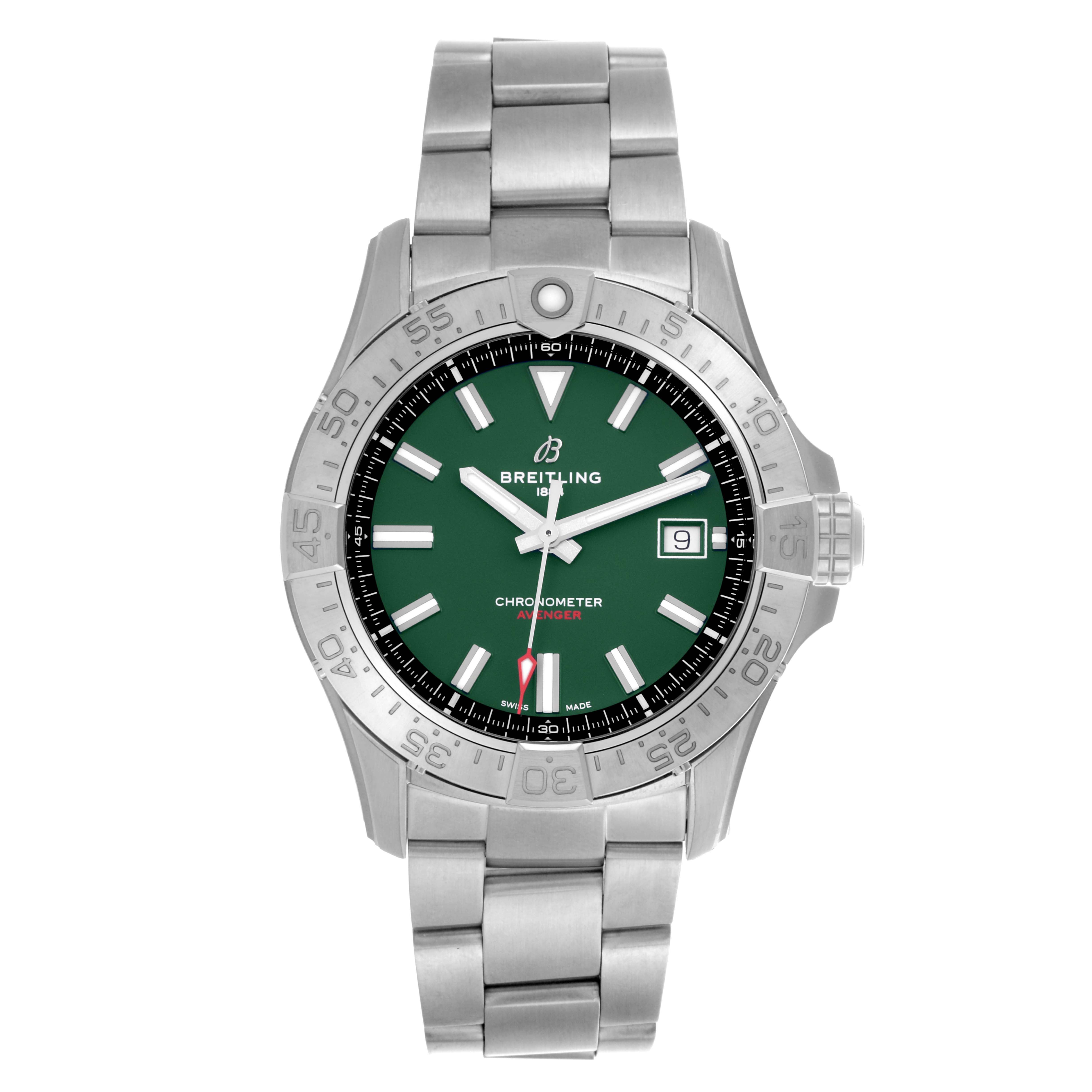 The Breitling Avenger A17328 Men's Stainless Steel Green Dial A17328 Men's Stainless Steel Green Dial watch is shown from a front angle, displaying its green dial, bezel, date window, and metal bracelet.