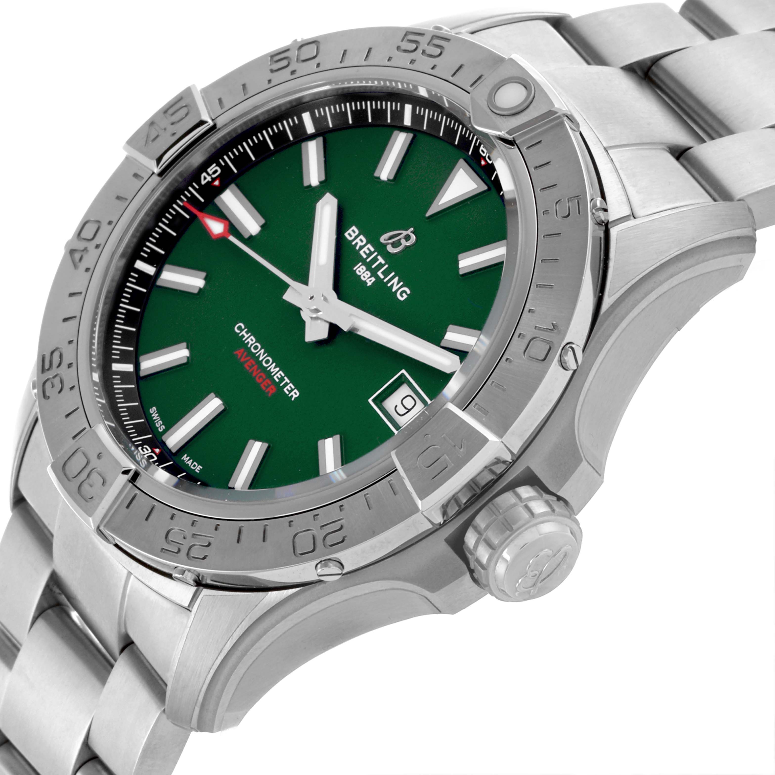 The Breitling Avenger A17328 Men's Stainless Steel Green Dial A17328 Men's Stainless Steel Green Dial watch is shown at a tilted side angle, highlighting the green dial, bezel, crown, bracelet, and date window.
