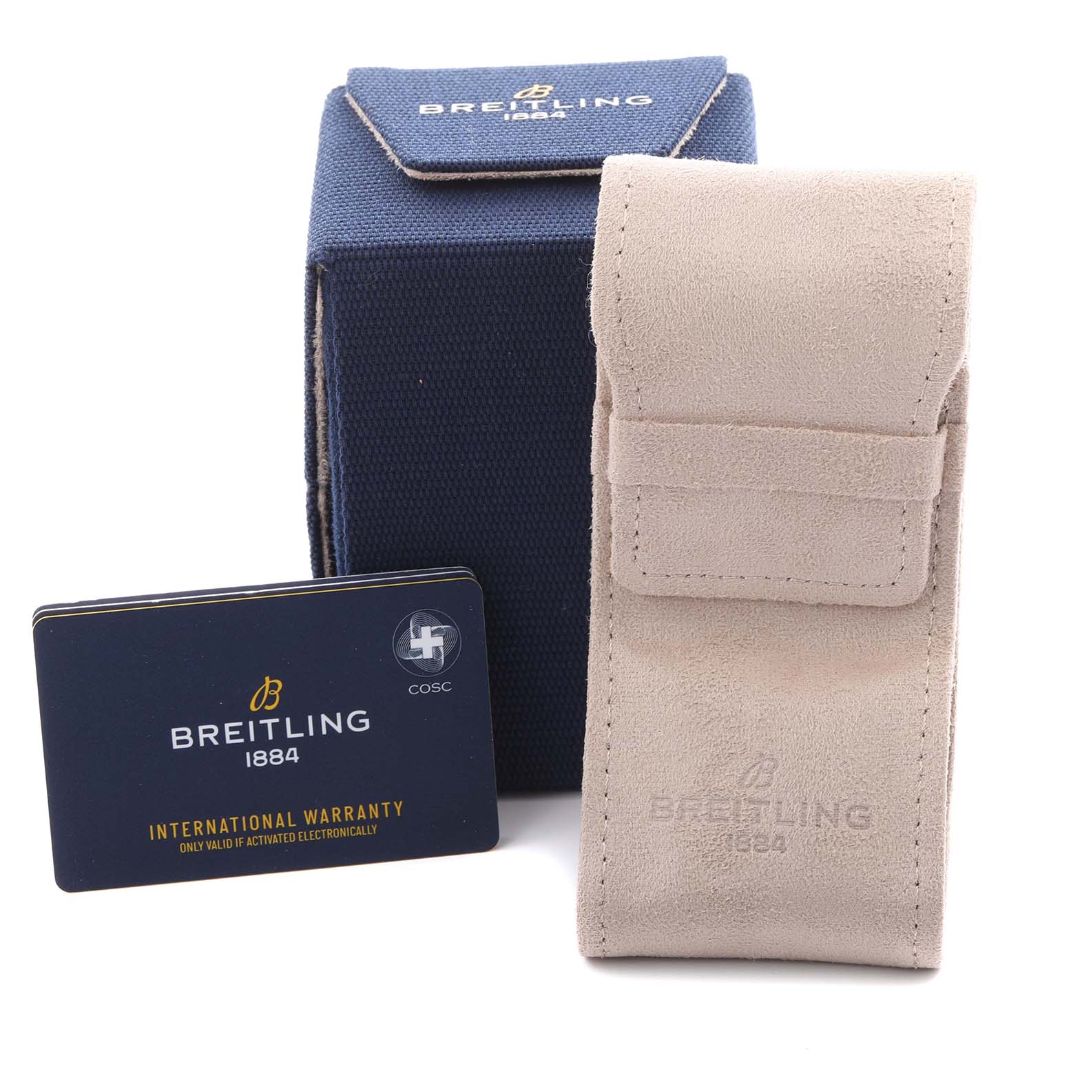 The image shows a Breitling Avenger A17328 Men's Stainless Steel Green Dial A17328 Men's Stainless Steel Green Dial watch box, warranty card, and a beige pouch from a front angle.