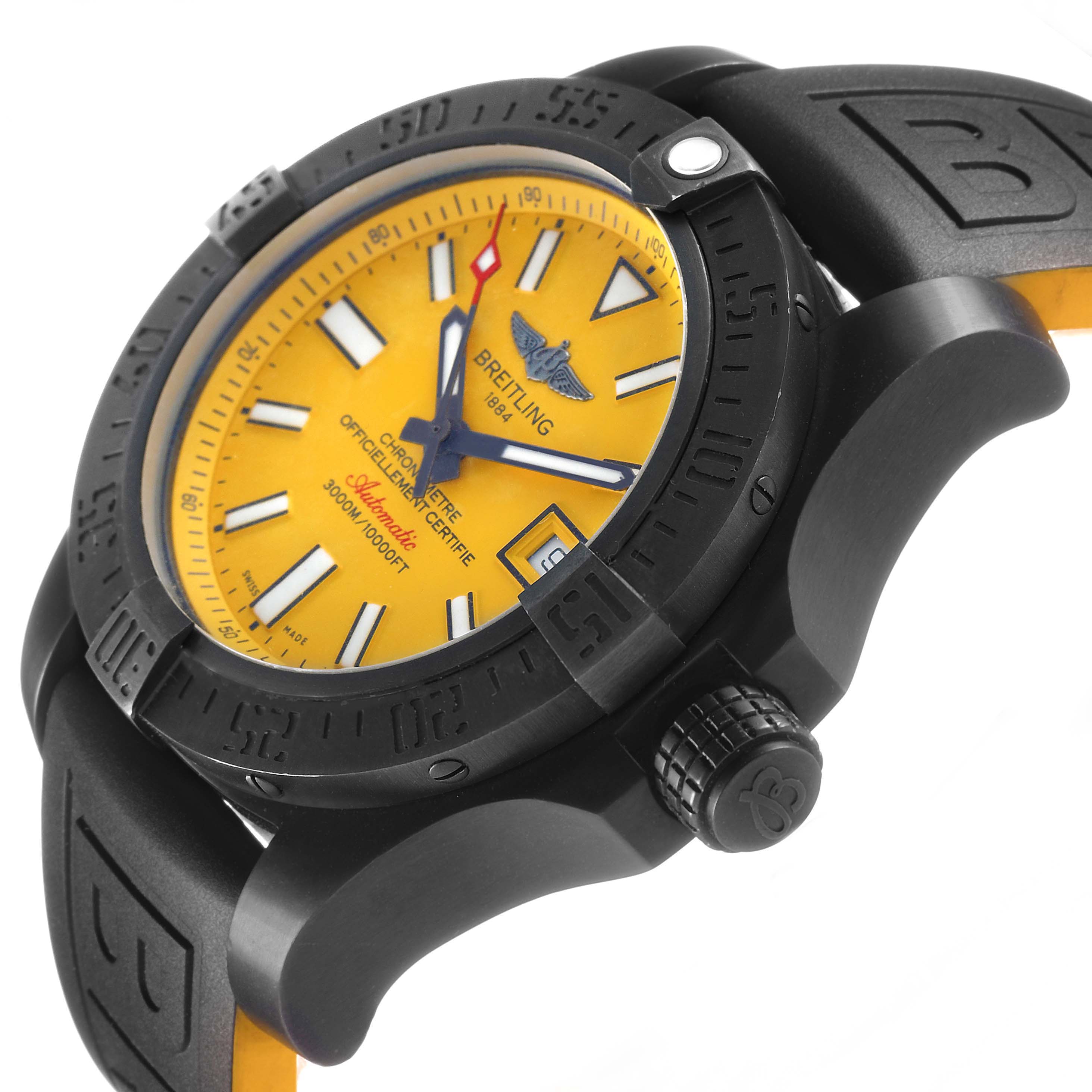 The Breitling Avenger M17331 Men's Stainless Steel Yellow Dial watch is shown at an angled side view, displaying the face, bezel, crown, and part of the rubber strap.