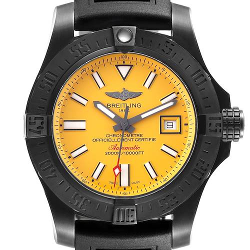 The Breitling Avenger M17331 Men's Stainless Steel Yellow Dial watch is shown from a front angle, highlighting the yellow dial, black bezel, and date window.