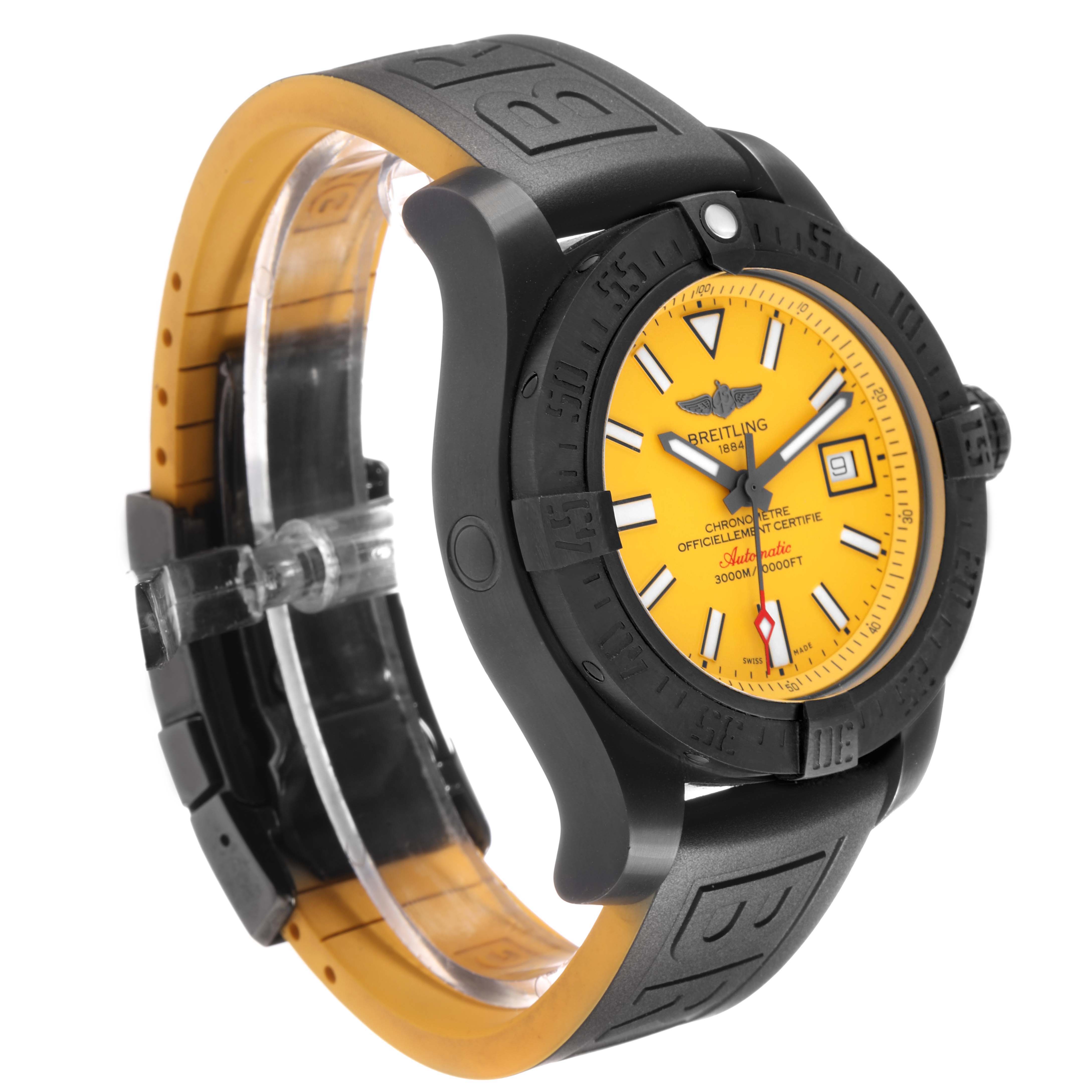 The Breitling Avenger M17331 Men's Stainless Steel Yellow Dial watch is shown at a three-quarter angle, highlighting the face, bezel, and strap.