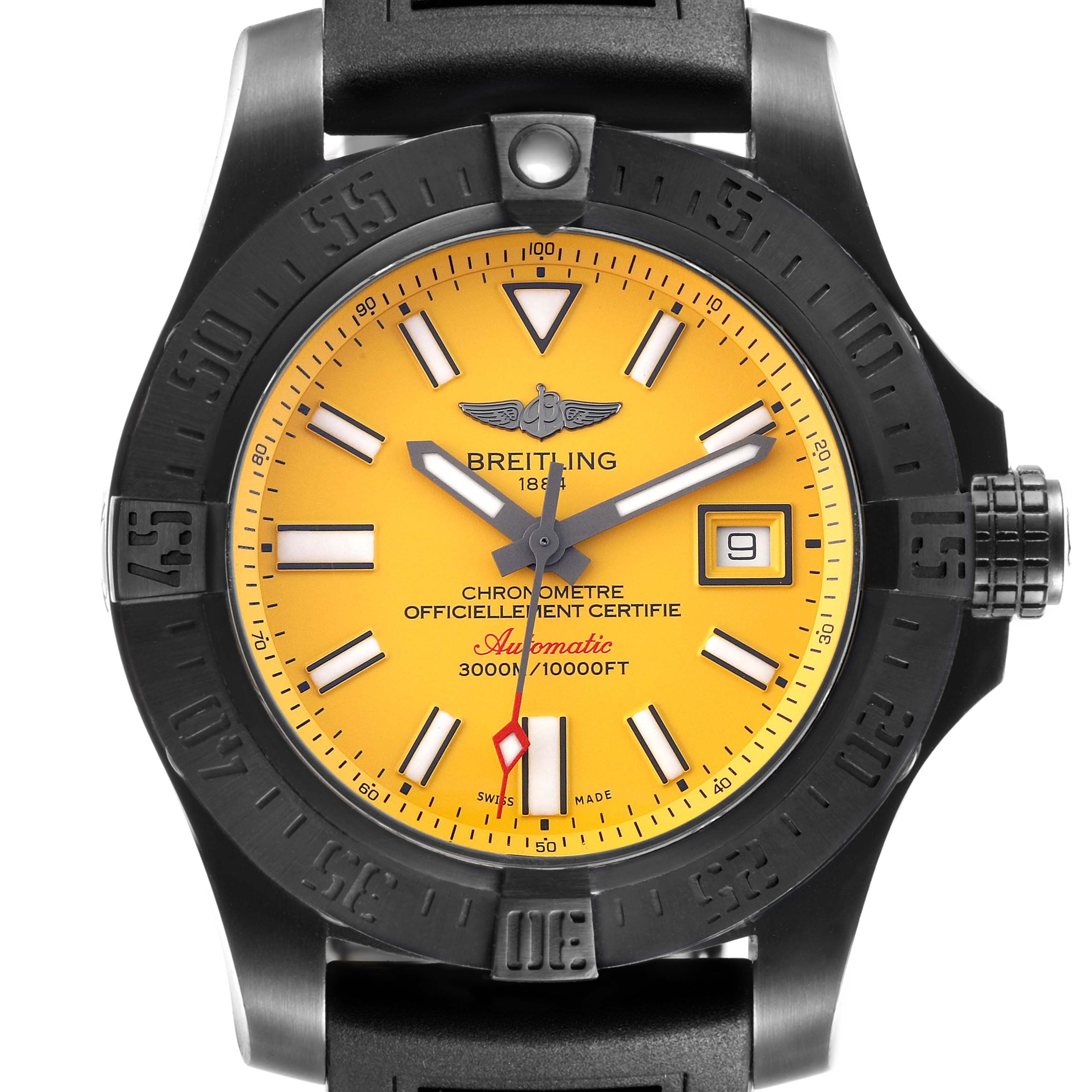 The Breitling Avenger M17331 Men's Stainless Steel Yellow Dial watch is shown from the front, highlighting the yellow dial, black bezel, and date display.