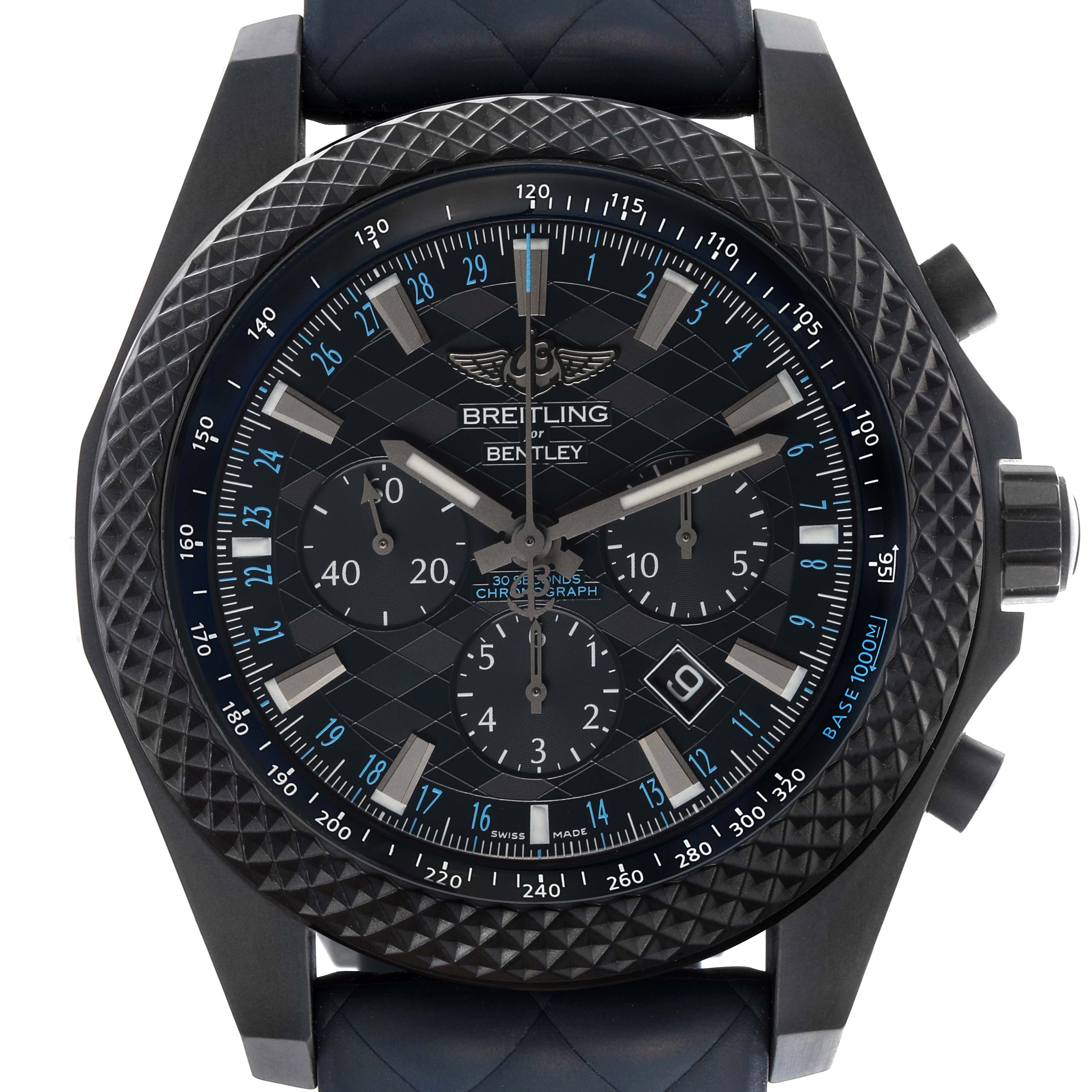 The Breitling Bentley XB0613C1/C984 Men
s Ceramic Blue Dial XB0613C1/C984 Men
s Ceramic Blue Dial watch is shown from a front angle, highlighting the dial, bezel, and pushers.