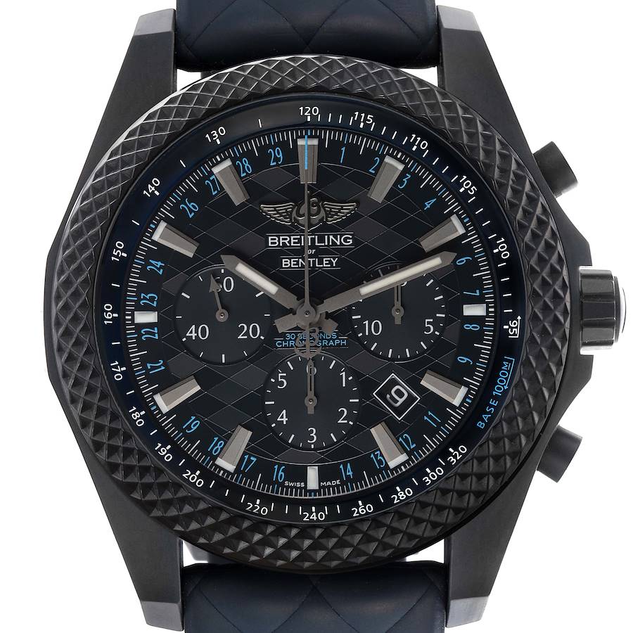 The Breitling Bentley watch is shown from a front angle, highlighting the dial, bezel, and pushers.