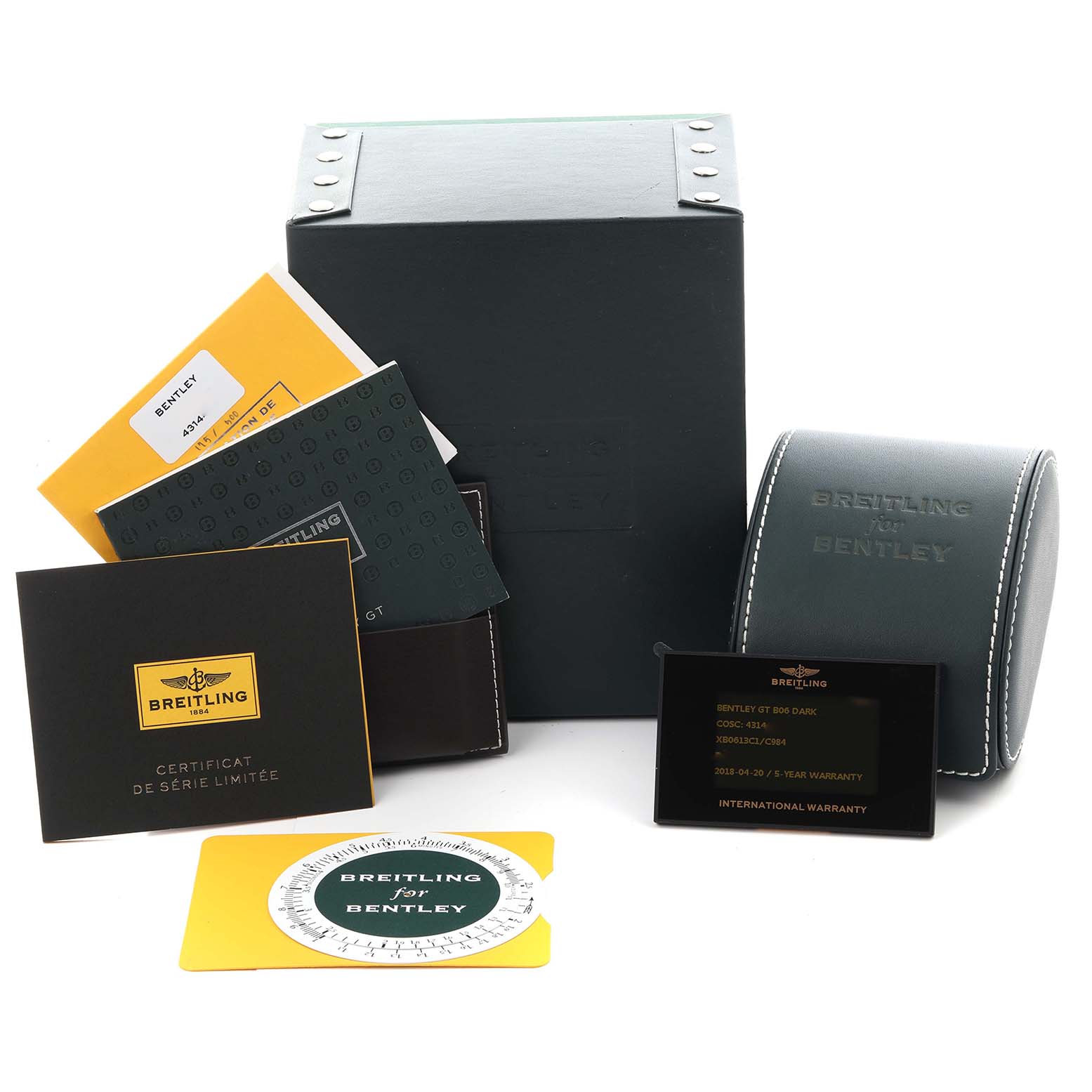 The image shows Breitling Bentley XB0613C1/C984 Men
s Ceramic Blue Dial XB0613C1/C984 Men
s Ceramic Blue Dial watch packaging, documents, a box, and a case from a front angle.