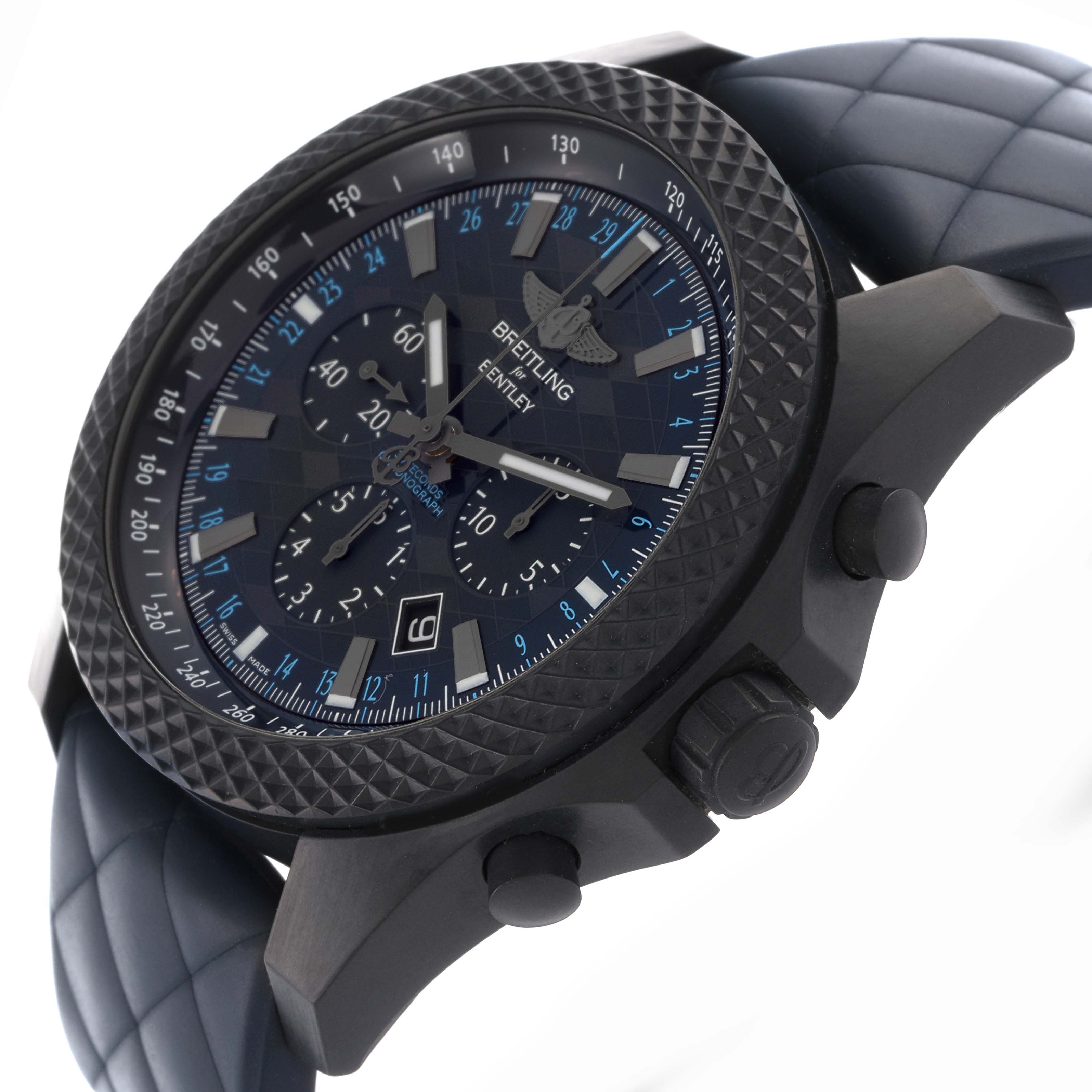 The Breitling Bentley XB0613C1/C984 Men
s Ceramic Blue Dial XB0613C1/C984 Men
s Ceramic Blue Dial watch is shown at an angled close-up, highlighting the bezel, dial, sub-dials, and pushers.
