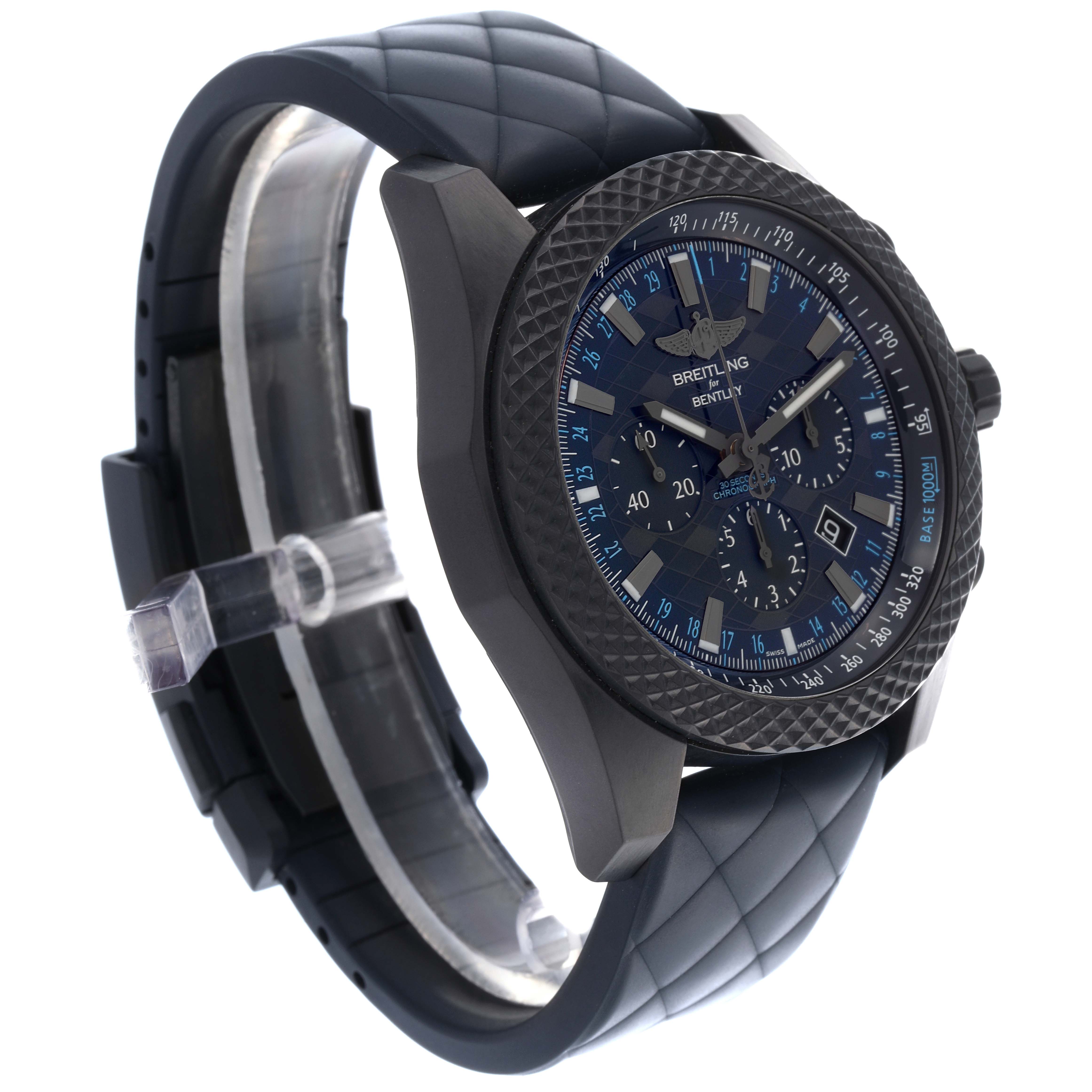 The Breitling Bentley XB0613C1/C984 Men
s Ceramic Blue Dial XB0613C1/C984 Men
s Ceramic Blue Dial watch is shown at an angled side view, displaying the face, bezel, strap, and crown.