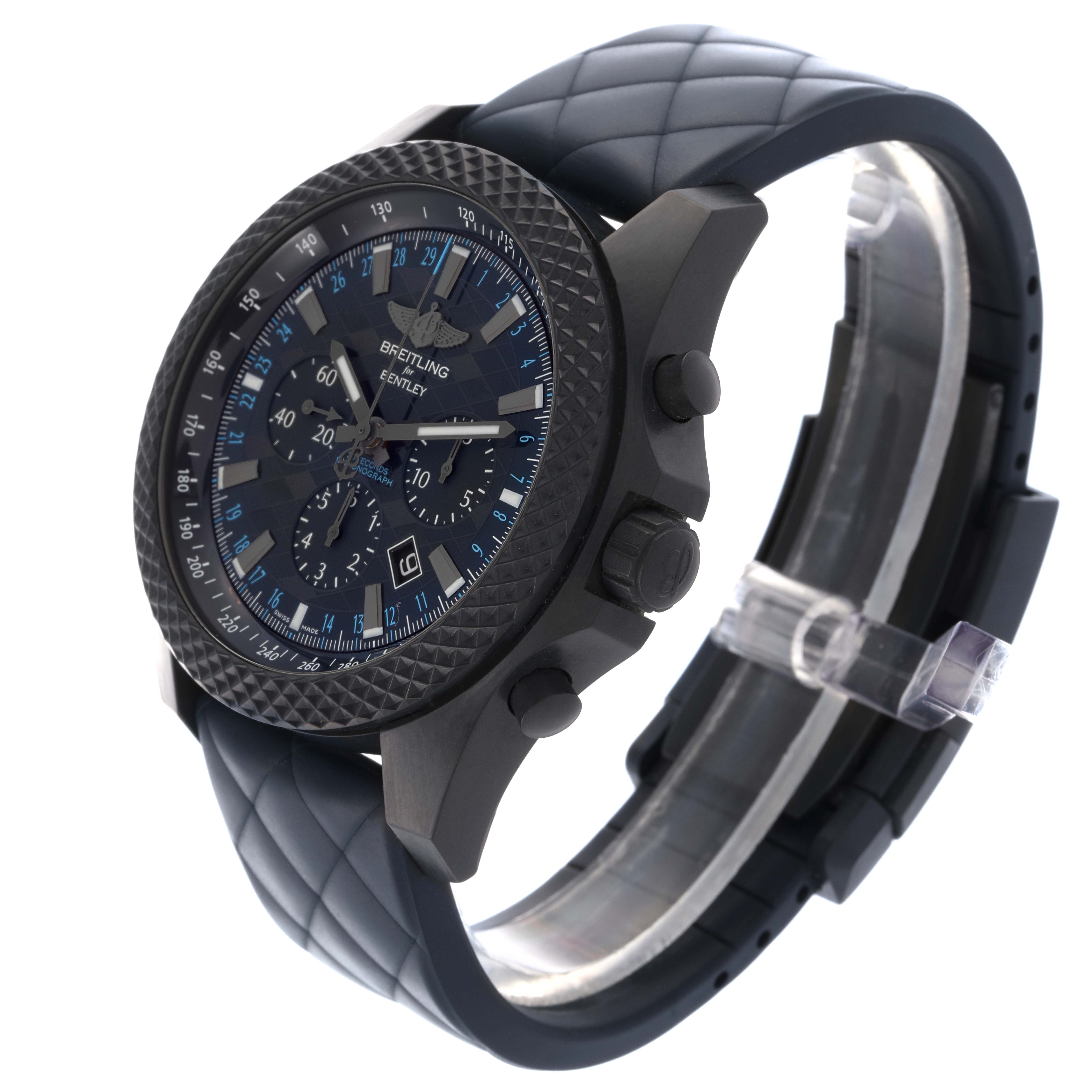 The Breitling Bentley XB0613C1/C984 Men
s Ceramic Blue Dial XB0613C1/C984 Men
s Ceramic Blue Dial watch is shown at a side angle, displaying the face, bezel, crown, pushers, and a quilted strap.