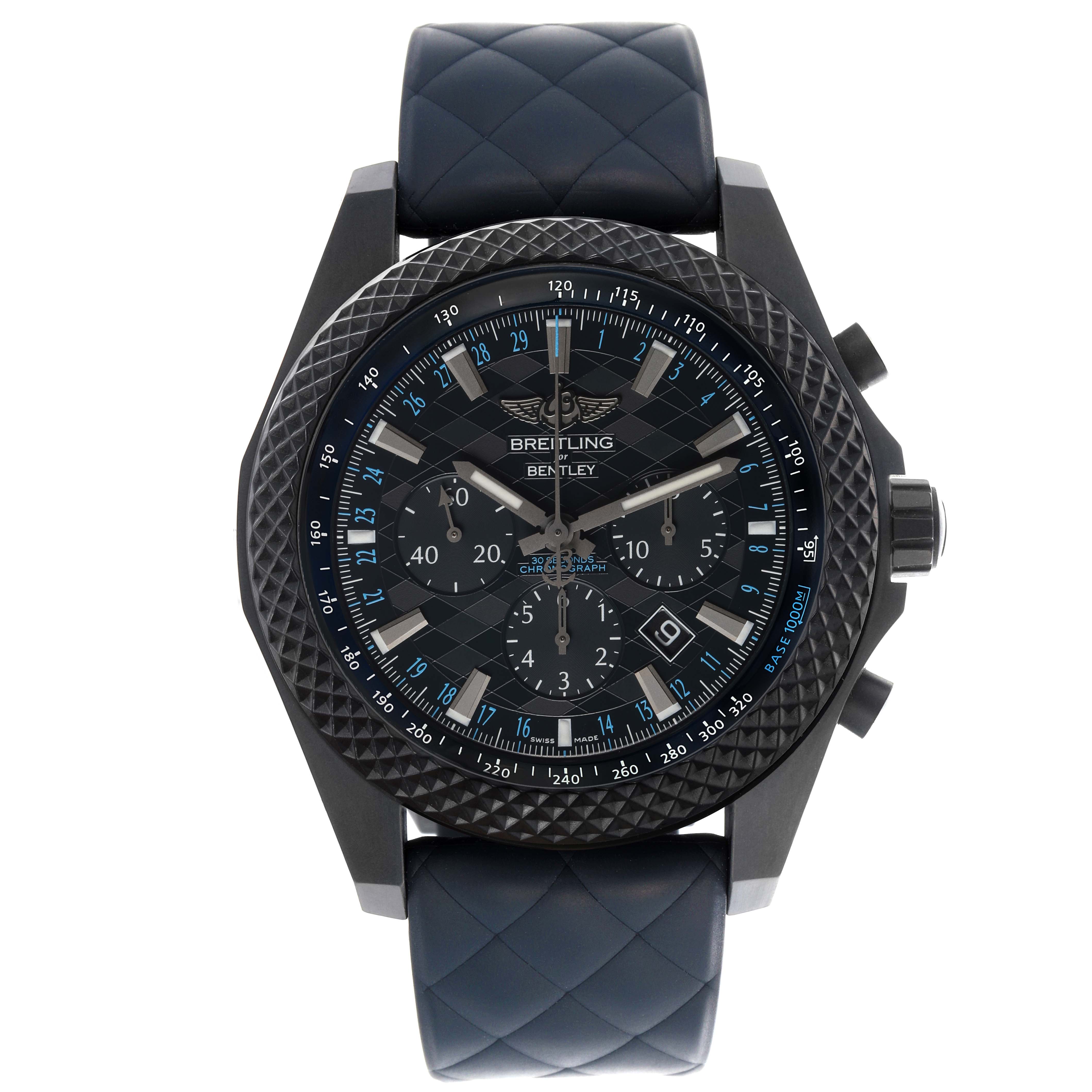 The Breitling Bentley XB0613C1/C984 Men
s Ceramic Blue Dial XB0613C1/C984 Men
s Ceramic Blue Dial watch is shown from a front angle, highlighting its detailed dial, textured bezel, and quilted strap.