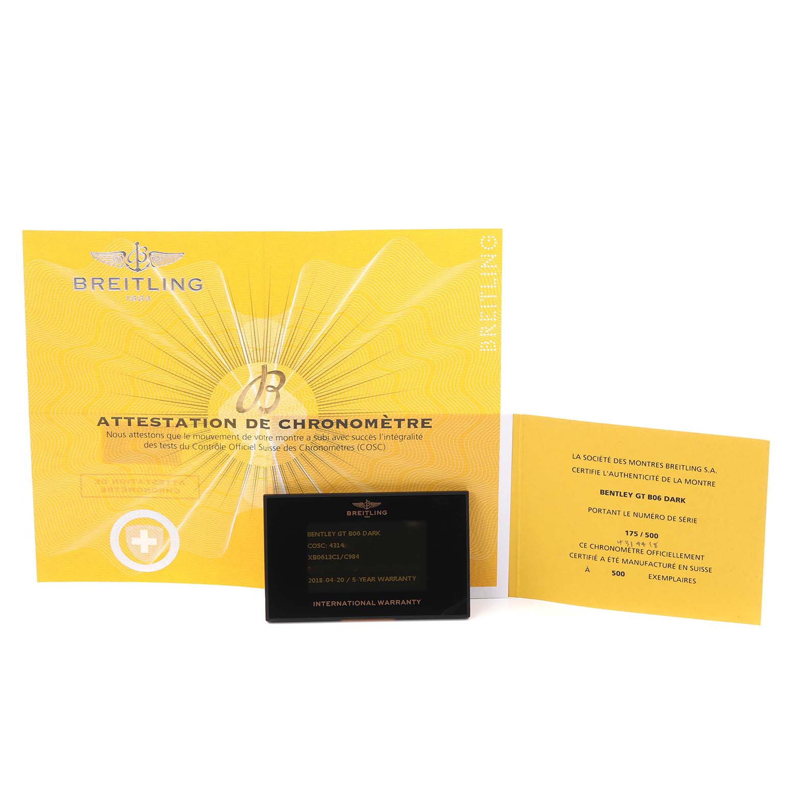 The image shows documents for the Bentley model by Breitling, including a warranty card and Best Quality
ity certificate.