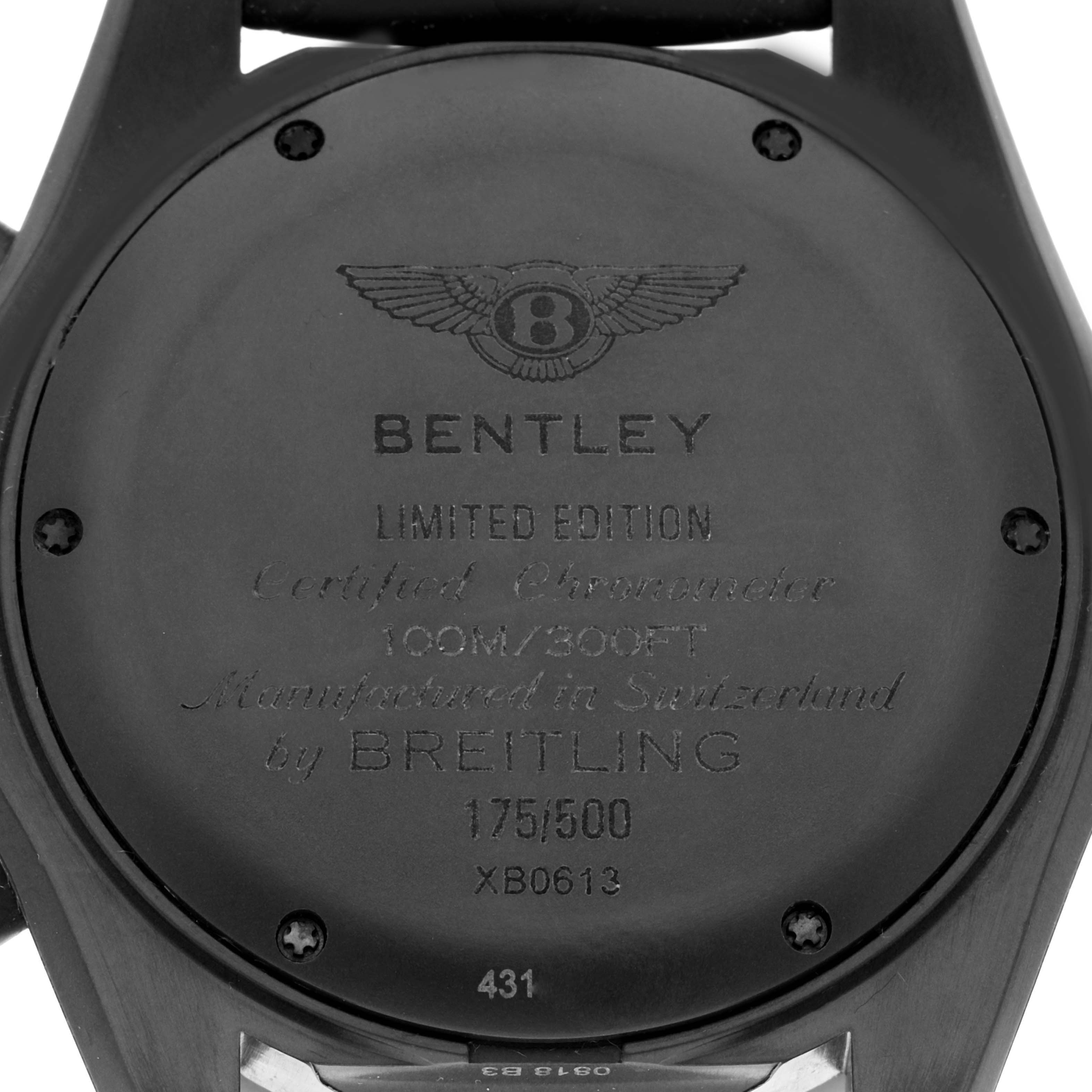 The image shows the back case of the Breitling Bentley XB0613C1/C984 Men
s Ceramic Blue Dial XB0613C1/C984 Men
s Ceramic Blue Dial watch at a straight angle, highlighting model details and limited edition info.
