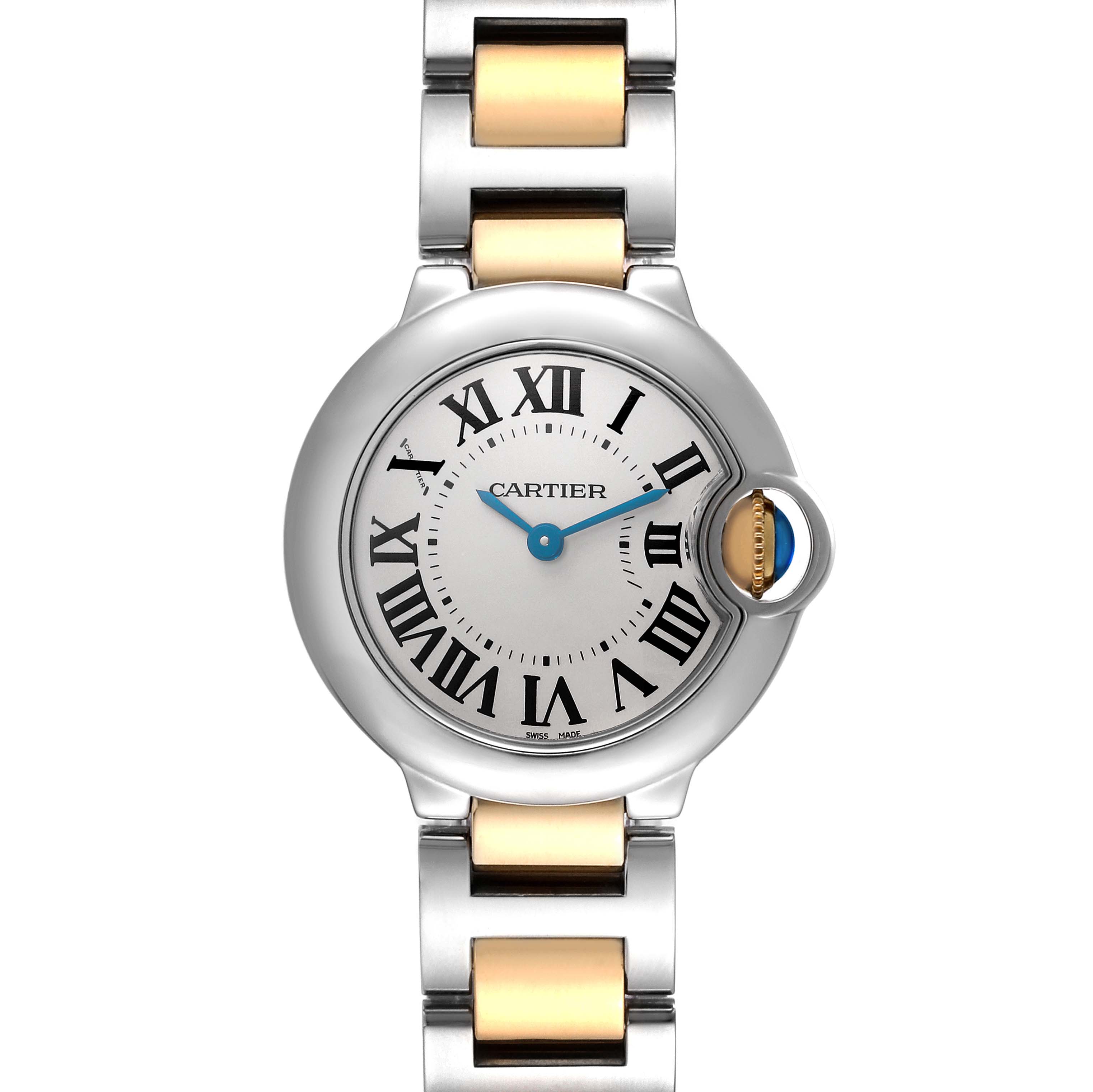 The Cartier Ballon Bleu W2BB0010 Women's Steel and Gold (two tone) Silver Dial W2BB0010 Women's Steel and Gold (two tone) Silver Dial watch is shown from a front view, highlighting its face, Roman numerals, and two-tone bracelet.