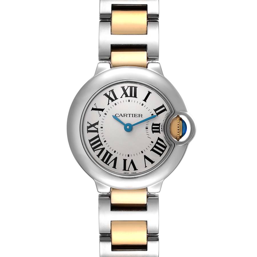 The Cartier Ballon Bleu watch is shown from a front view, highlighting its face, Roman numerals, and two-tone bracelet.