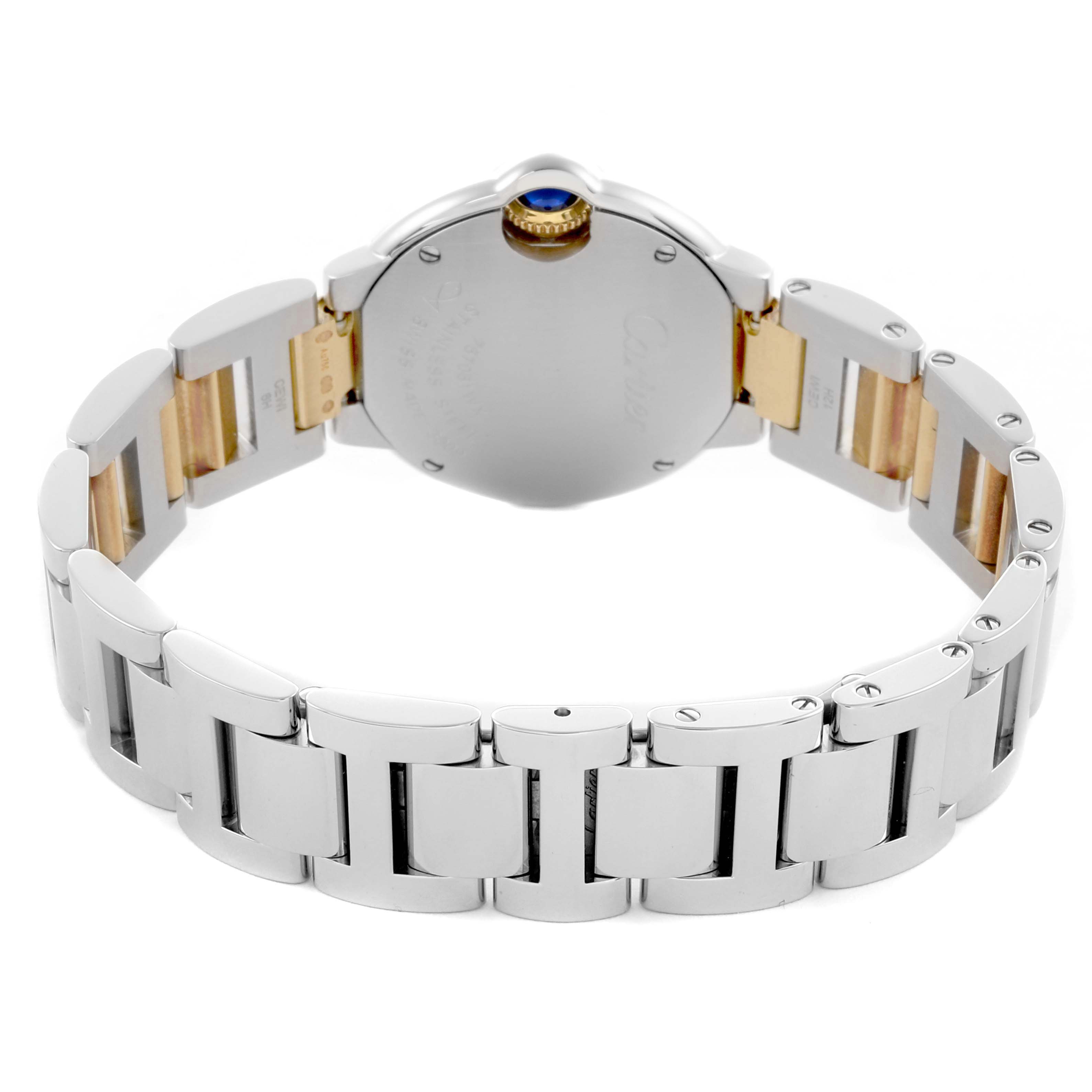 The image shows the back and bracelet of a Cartier Ballon Bleu W2BB0010 Women's Steel and Gold (two tone) Silver Dial W2BB0010 Women's Steel and Gold (two tone) Silver Dial watch, focusing on the case back and two-tone links.