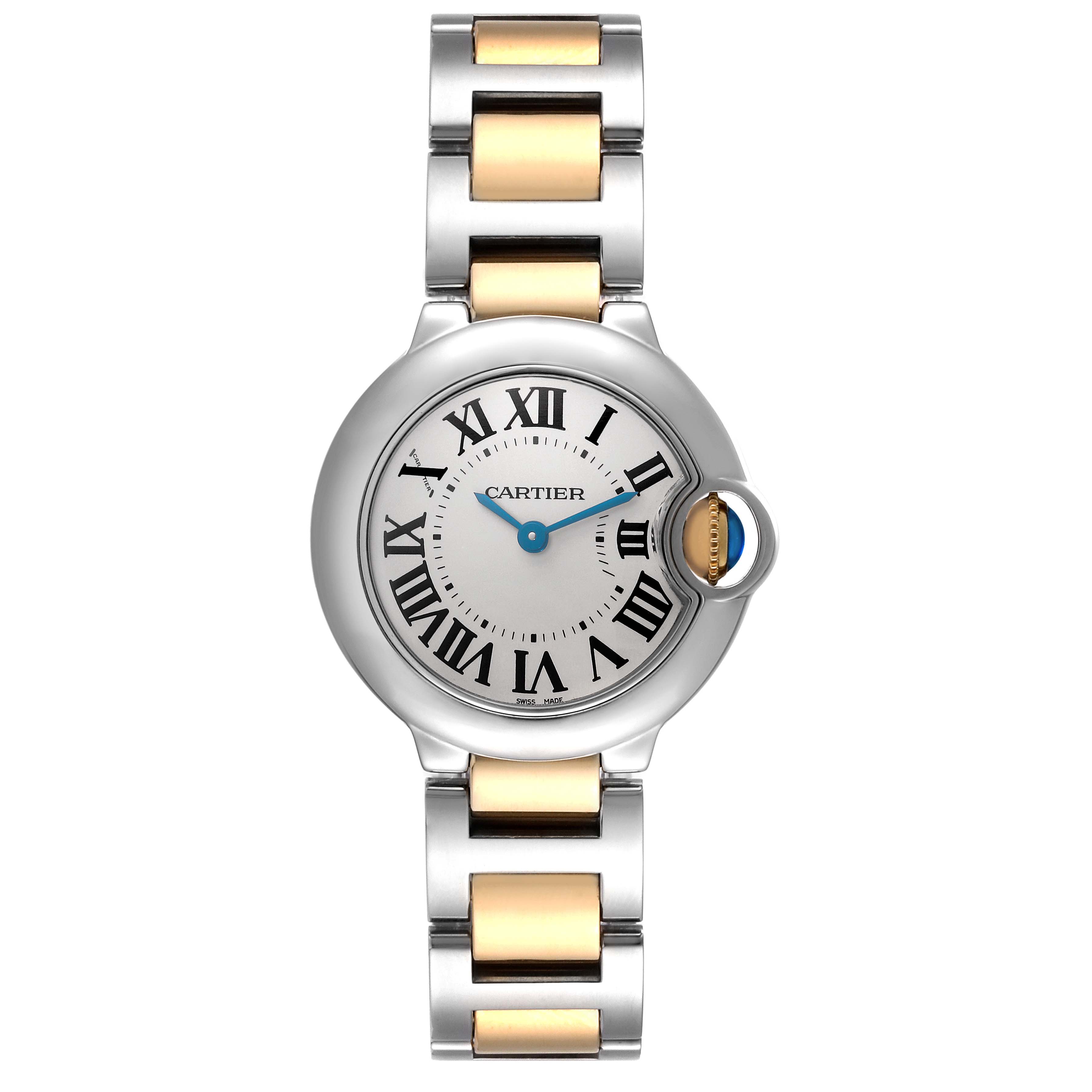 The Cartier Ballon Bleu W2BB0010 Women's Steel and Gold (two tone) Silver Dial W2BB0010 Women's Steel and Gold (two tone) Silver Dial watch is shown from the front, displaying its face, Roman numerals, and two-tone bracelet.