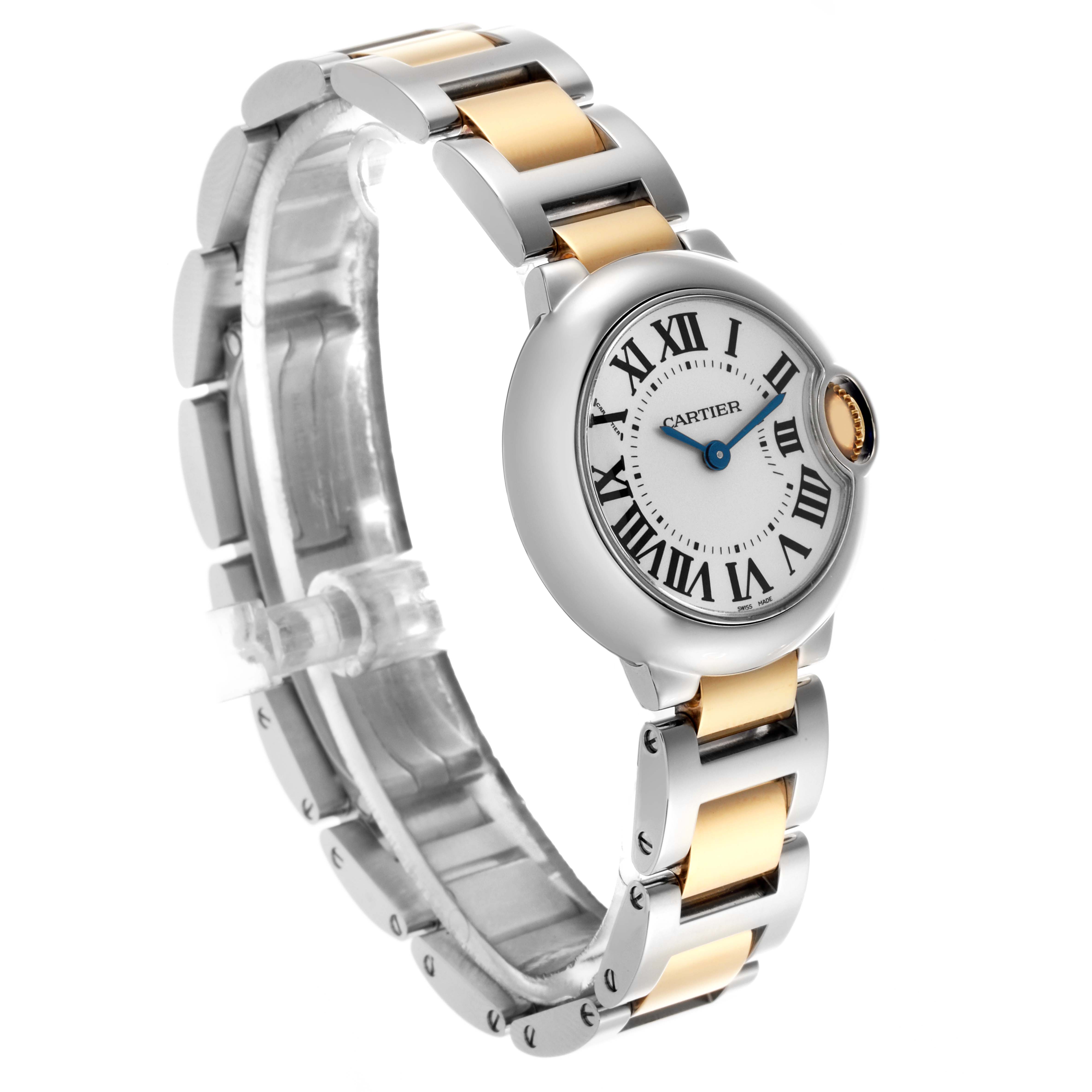 The Cartier Ballon Bleu W2BB0010 Women's Steel and Gold (two tone) Silver Dial W2BB0010 Women's Steel and Gold (two tone) Silver Dial watch is shown at a three-quarter angle, highlighting the face, bezel, and two-tone bracelet.