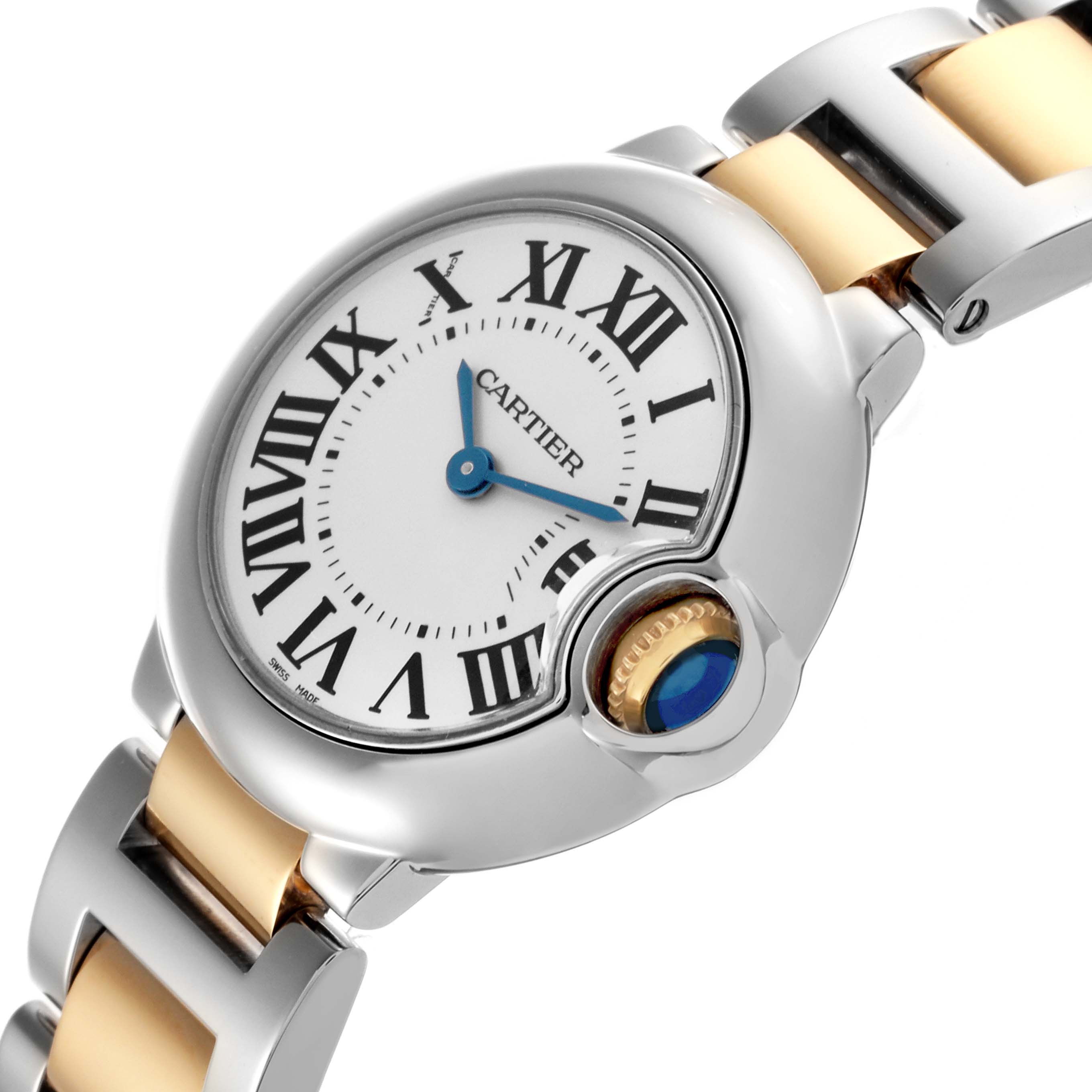 The image shows a close-up of the Cartier Ballon Bleu W2BB0010 Women's Steel and Gold (two tone) Silver Dial W2BB0010 Women's Steel and Gold (two tone) Silver Dial watch, highlighting the face, crown, and bracelet from an angled top view.