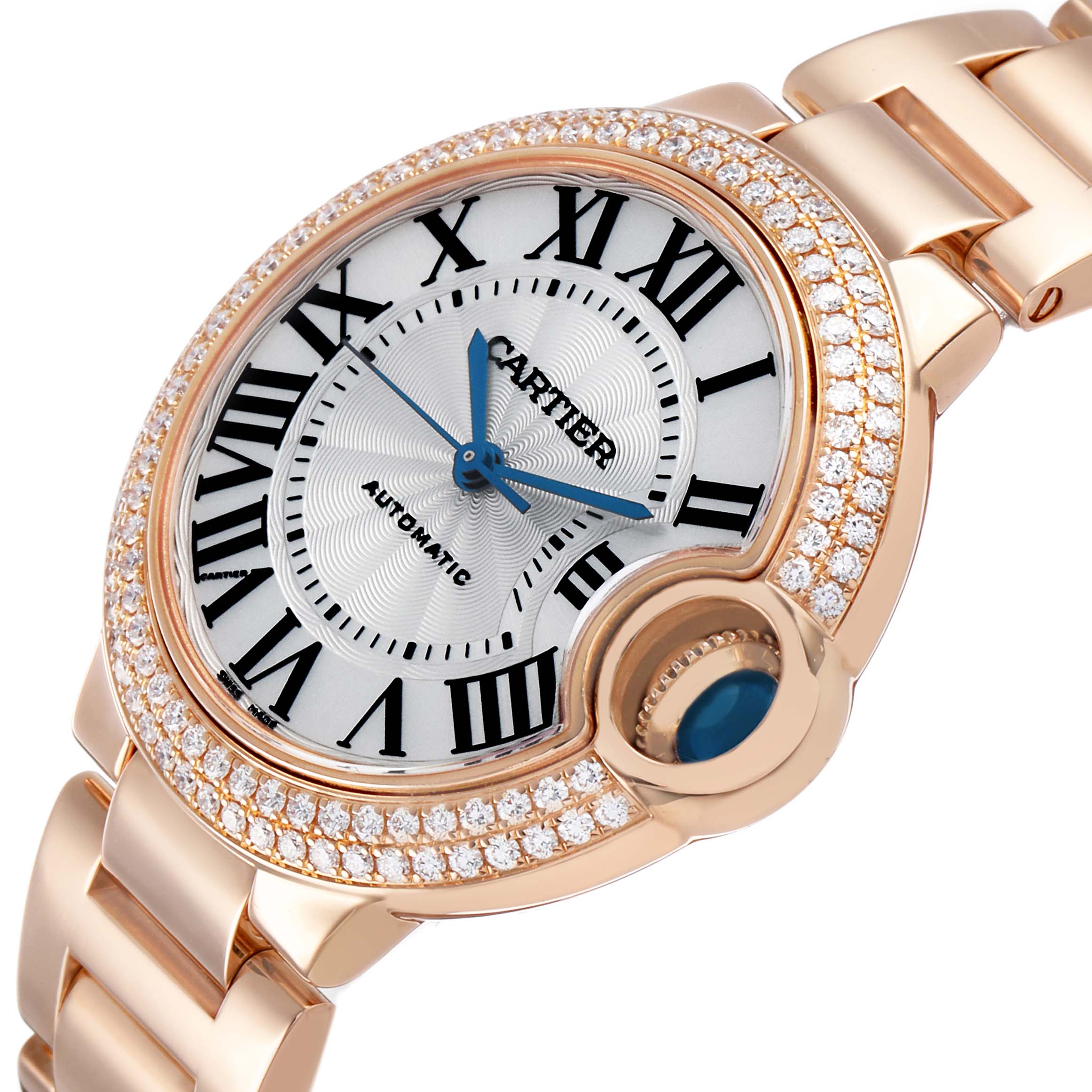 The Cartier Ballon Bleu 79017 Women's Rose Gold Silver Dial watch is shown at an angled view emphasizing its diamond bezel and gold bracelet.