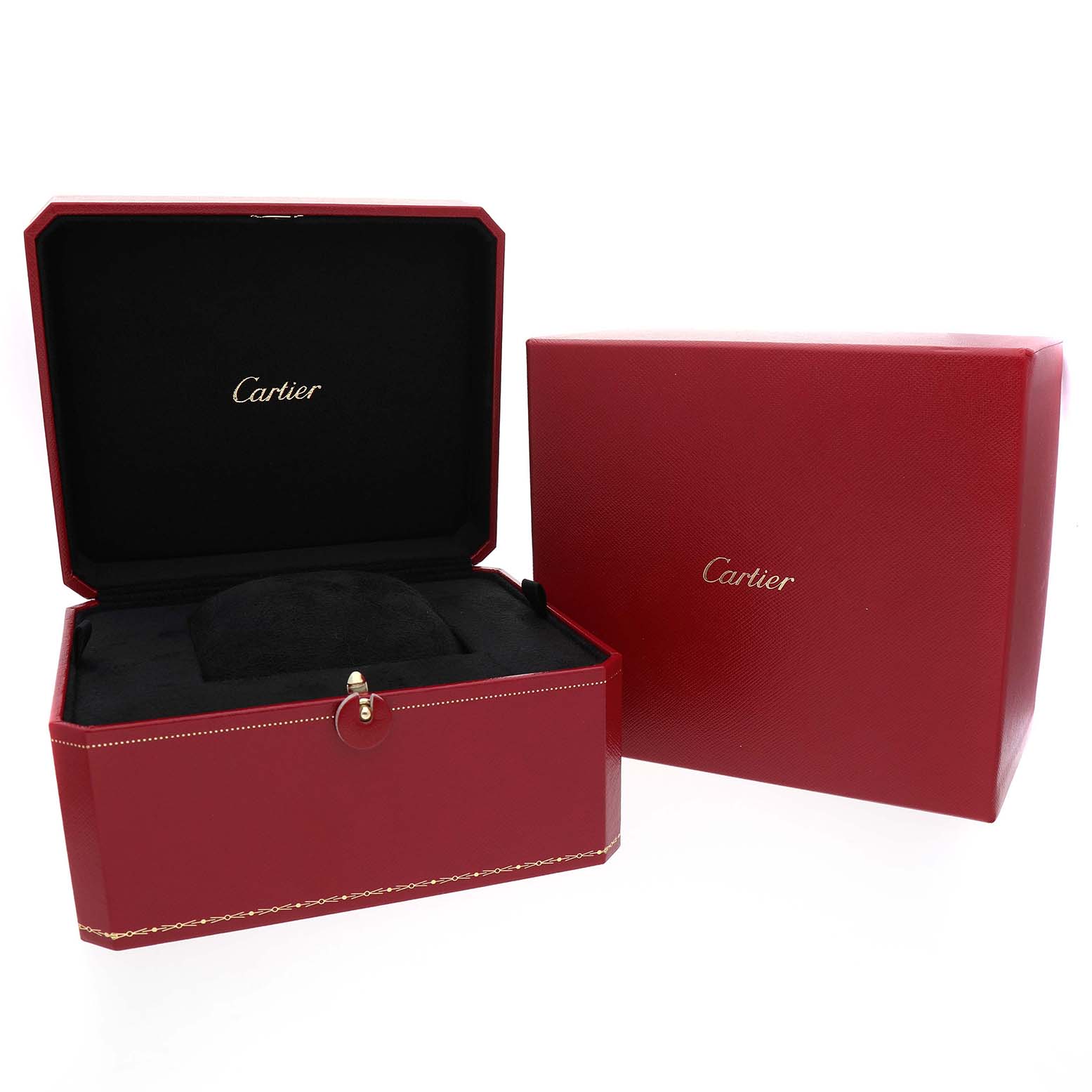The image shows the Cartier Ballon Bleu 79017 Women's Rose Gold Silver Dial watch's red presentation box and outer packaging, both featuring the Cartier logo.