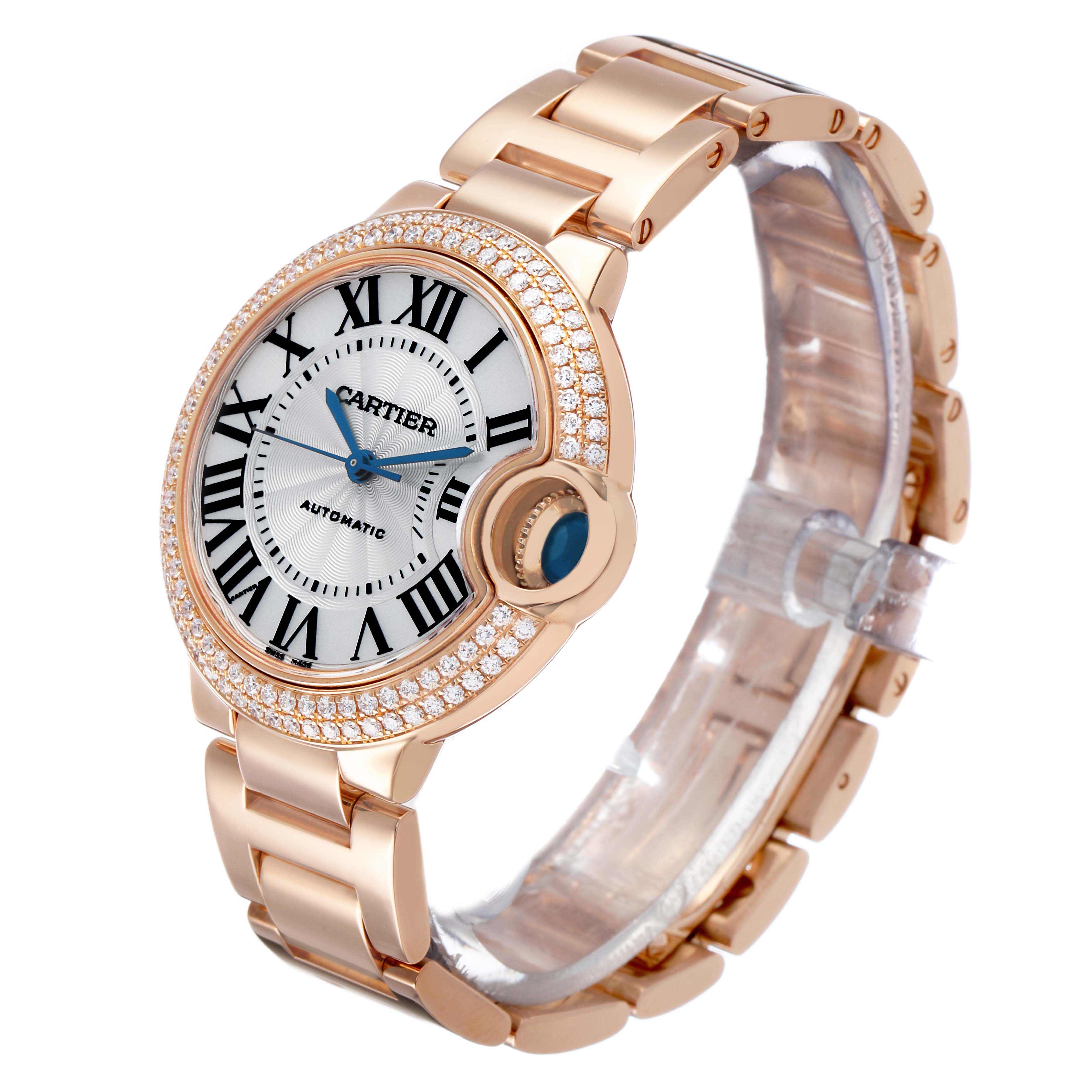 The Cartier Ballon Bleu 79017 Women's Rose Gold Silver Dial watch is shown at an angle highlighting its face, bracelet, and diamond-studded bezel.