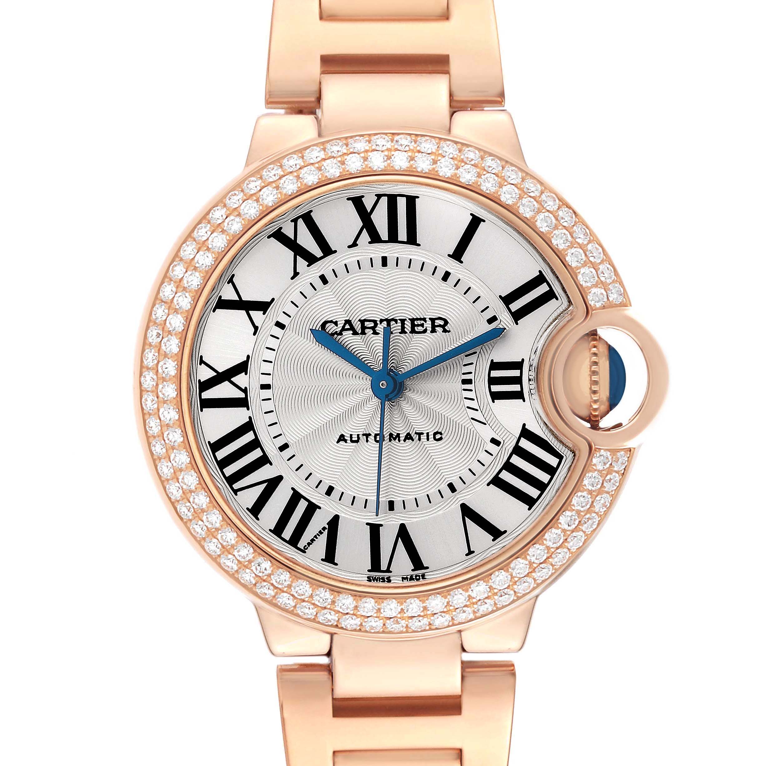 The Cartier Ballon Bleu 79017 Women's Rose Gold Silver Dial watch is shown from the front, highlighting its round case, Roman numerals, and diamond-set bezel.