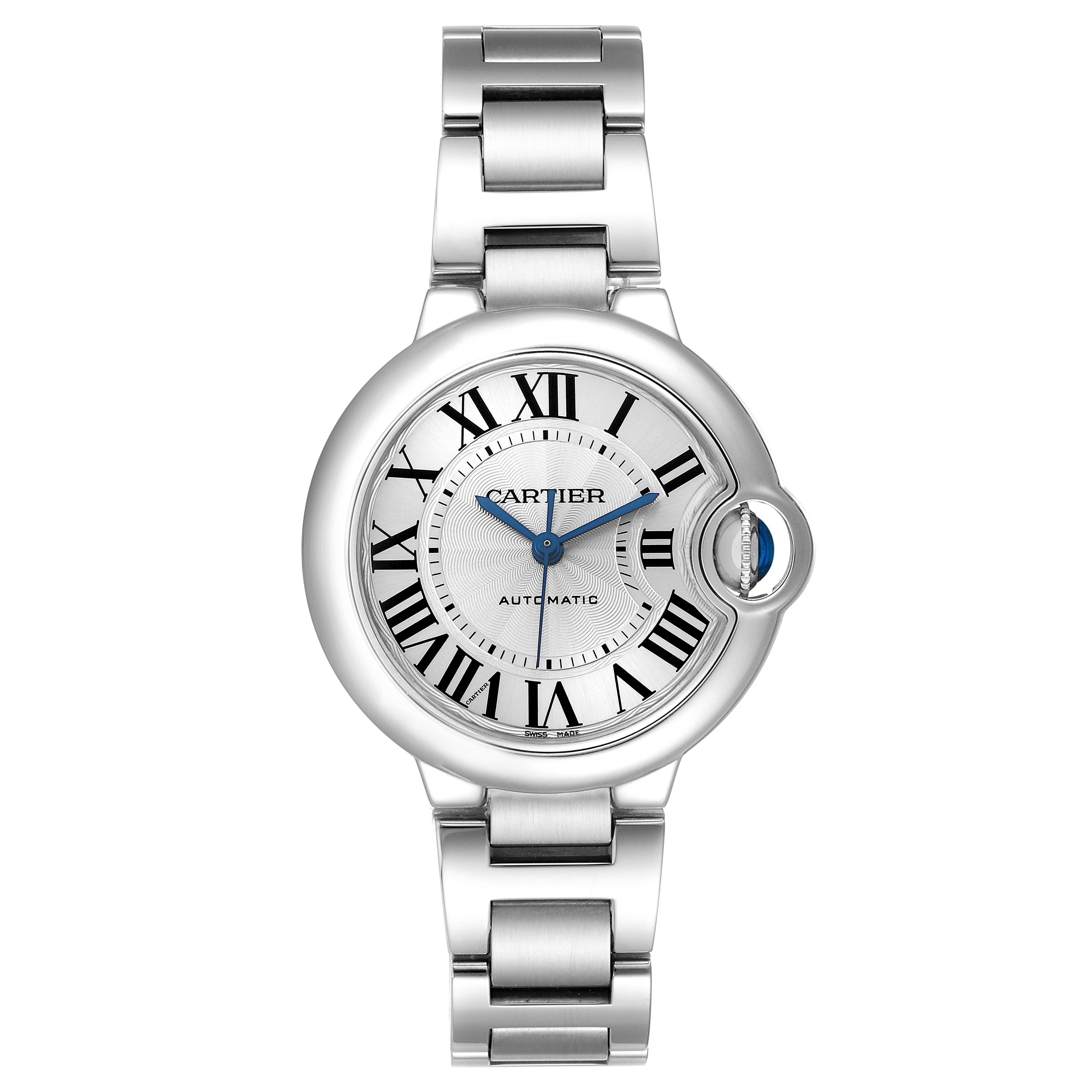 The Cartier Ballon Bleu W6920071 Women's Stainless Steel Silver Dial watch is shown from the front, highlighting its round case, Roman numeral dial, and bracelet.