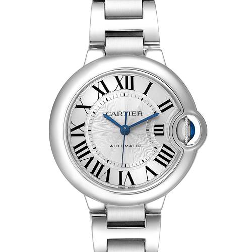 The Cartier Ballon Bleu W6920071 Women's Stainless Steel Silver Dial watch is shown from the front, displaying the dial, Roman numerals, blue hands, and metal bracelet.